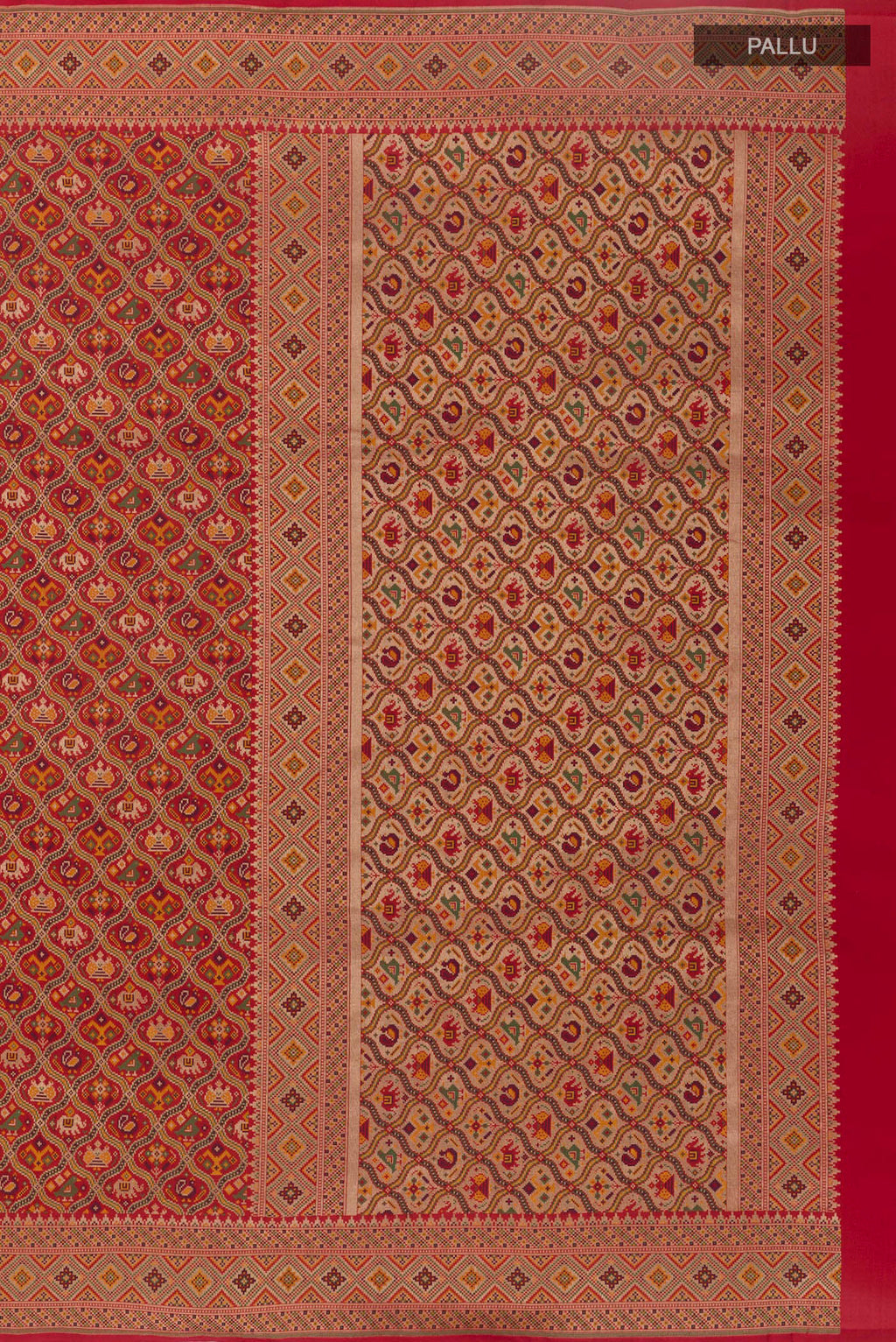 Close up image of the pallu of Red Banarasi Silk Saree with Jamdani on the body and Embroidery Border. 