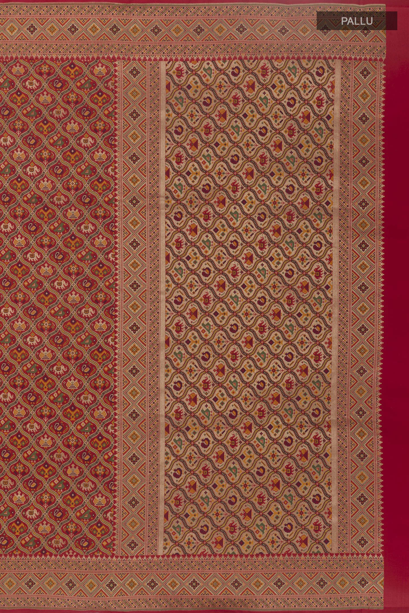 Close up image of the pallu of Red Banarasi Silk Saree with Jamdani on the body and Embroidery Border. 