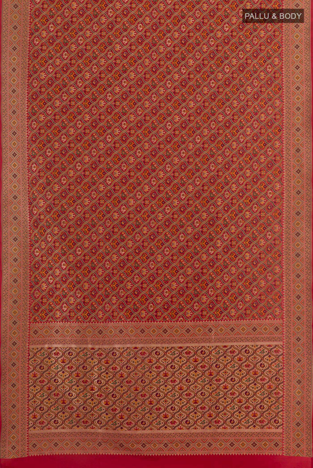 Flat view of Red Banarasi Silk Saree with Jamdani on the body and Embroidery Border. 