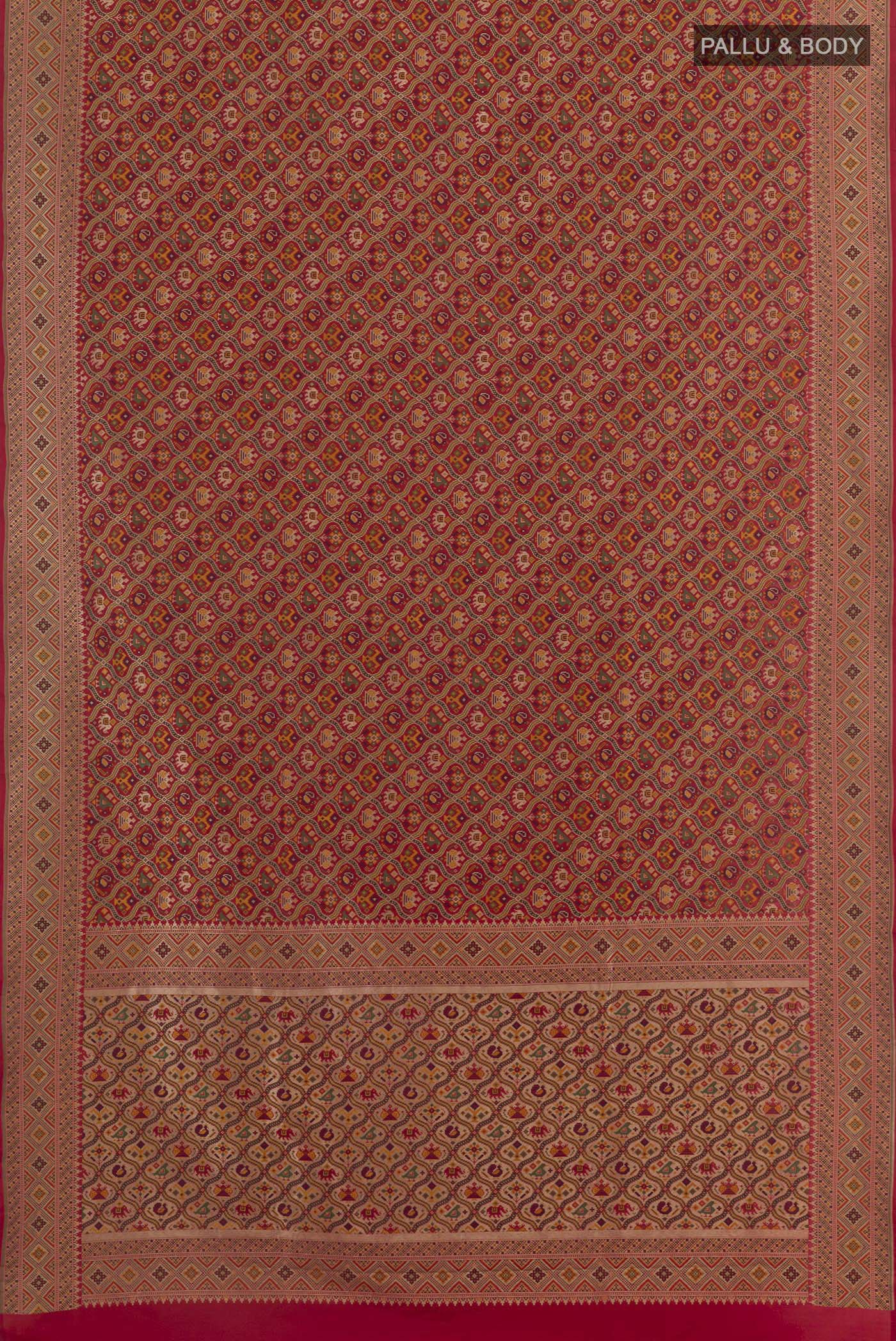 Flat view of Red Banarasi Silk Saree with Jamdani on the body and Embroidery Border. 