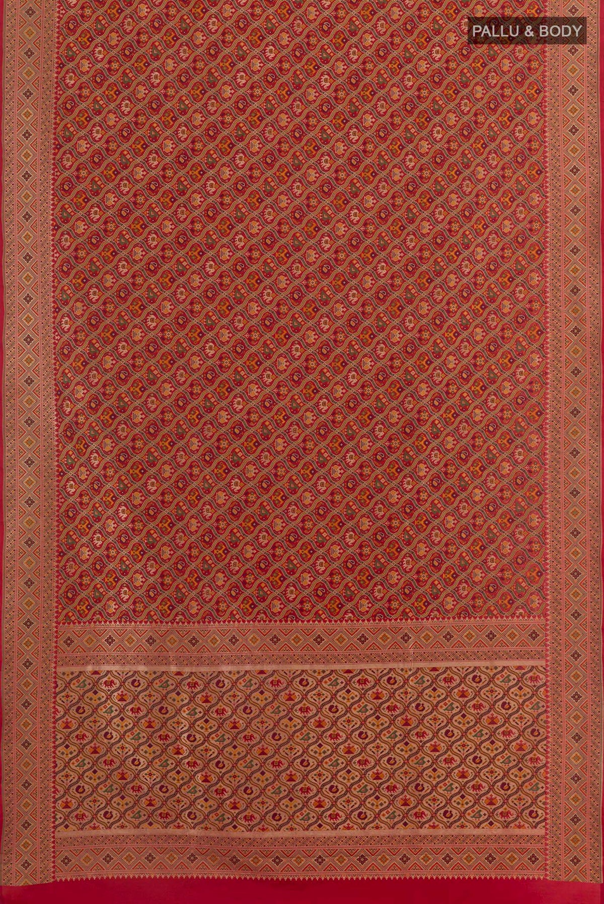 Flat view of Red Banarasi Silk Saree with Jamdani on the body and Embroidery Border. 