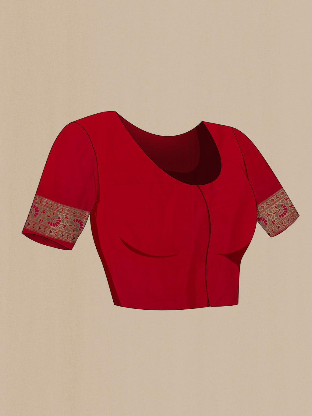 Close up image of the blouse of Pure Silk Red Banarasi Saree with Zari Brocade on the body and Zari Border. 