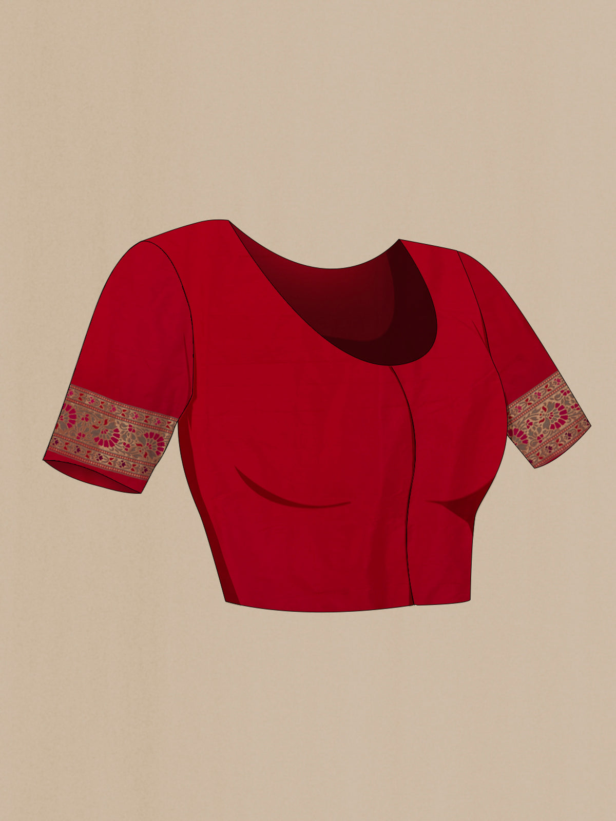Close up image of the blouse of Pure Silk Red Banarasi Saree with Zari Brocade on the body and Zari Border. 