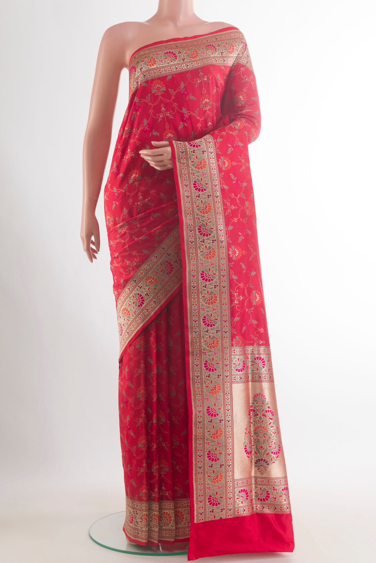 Pure Silk Red Banarasi Saree with Zari Brocade on the body and Zari Border.  displayed on a mannequin