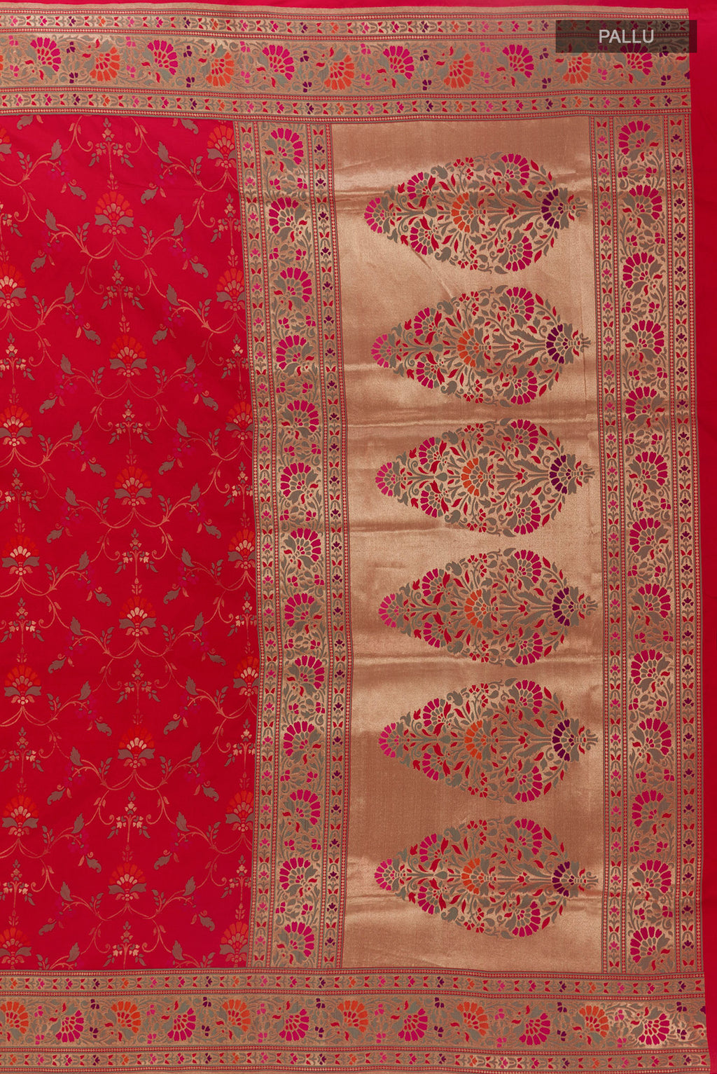 Close up image of the pallu of Pure Silk Red Banarasi Saree with Zari Brocade on the body and Zari Border. 