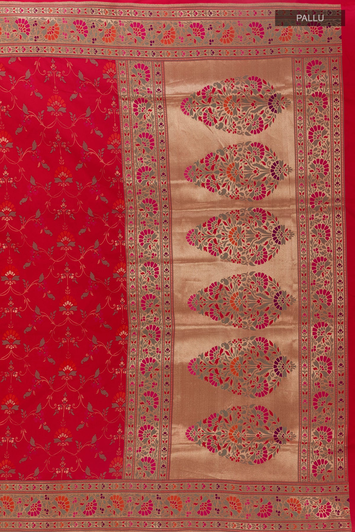 Close up image of the pallu of Pure Silk Red Banarasi Saree with Zari Brocade on the body and Zari Border. 