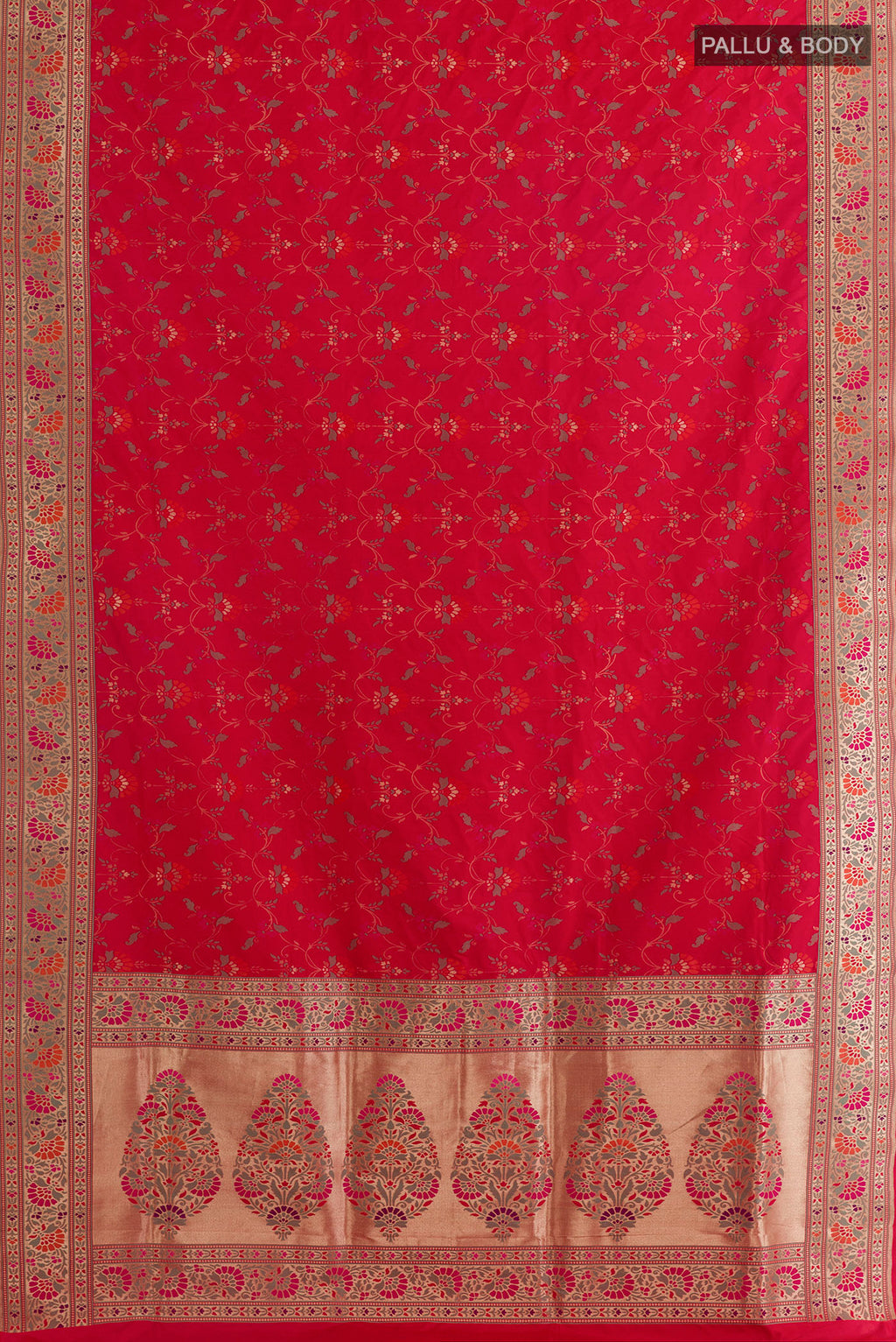 Flat view of Pure Silk Red Banarasi Saree with Zari Brocade on the body and Zari Border. 