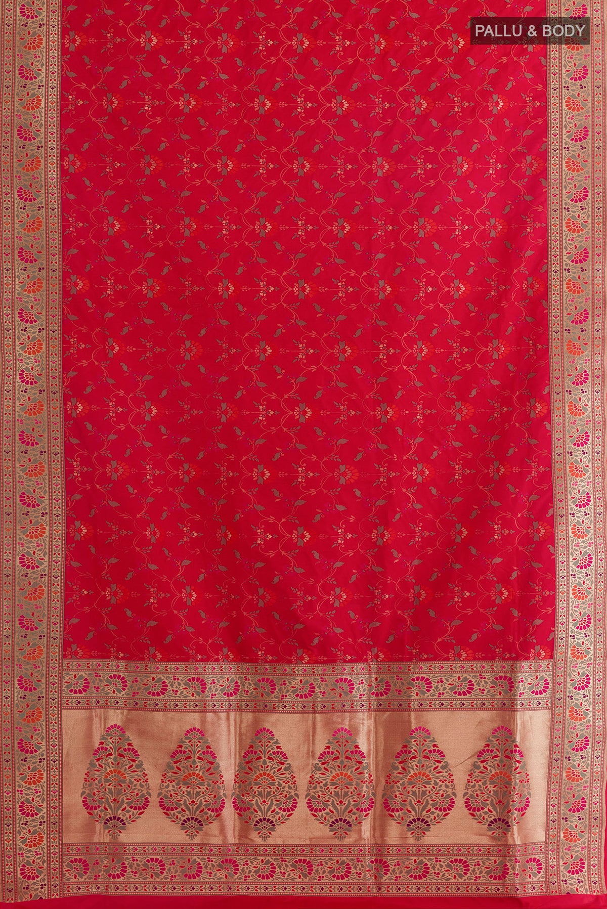 Flat view of Pure Silk Red Banarasi Saree with Zari Brocade on the body and Zari Border. 