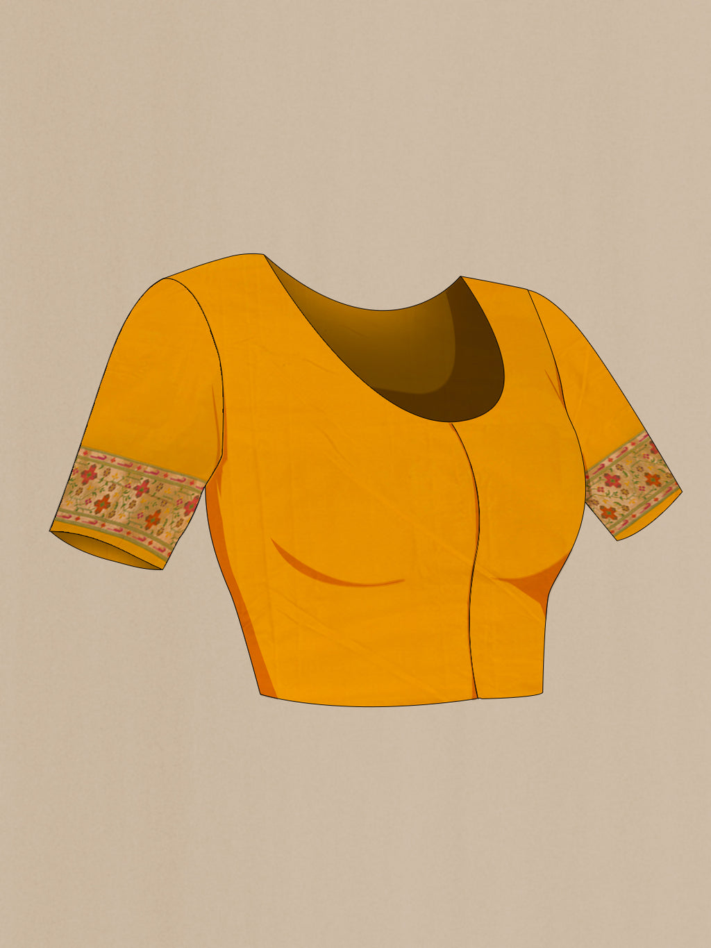 Close up image of the blouse of Yellow Banarasi Silk Saree with Zari Butta on the body and Paithani Border. 