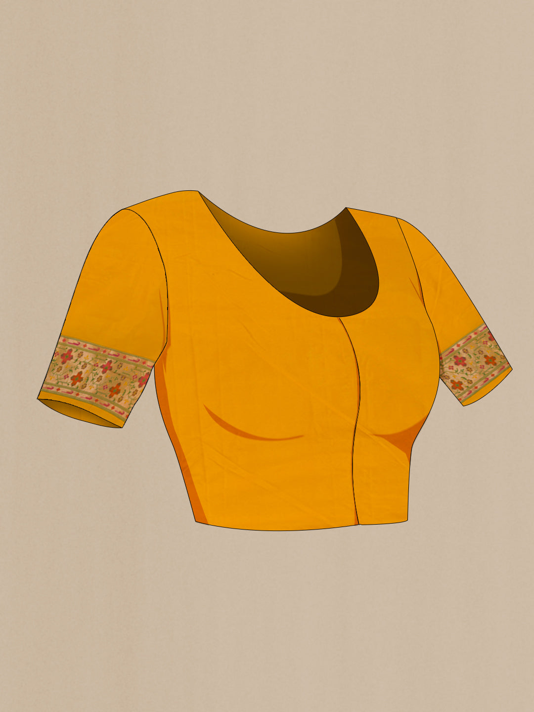 Close up image of the blouse of Yellow Banarasi Silk Saree with Zari Butta on the body and Paithani Border. 
