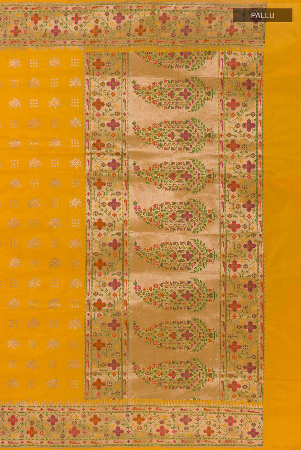 Close up image of the pallu of Yellow Banarasi Silk Saree with Zari Butta on the body and Paithani Border. 