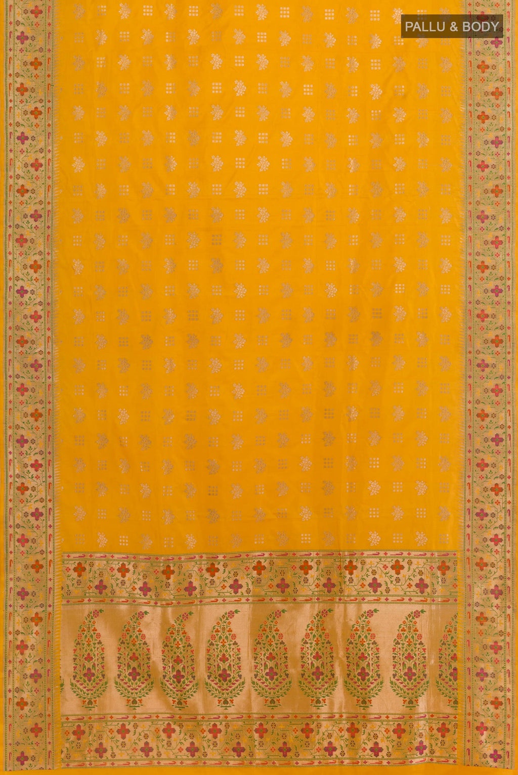 Flat view of Yellow Banarasi Silk Saree with Zari Butta on the body and Paithani Border. 