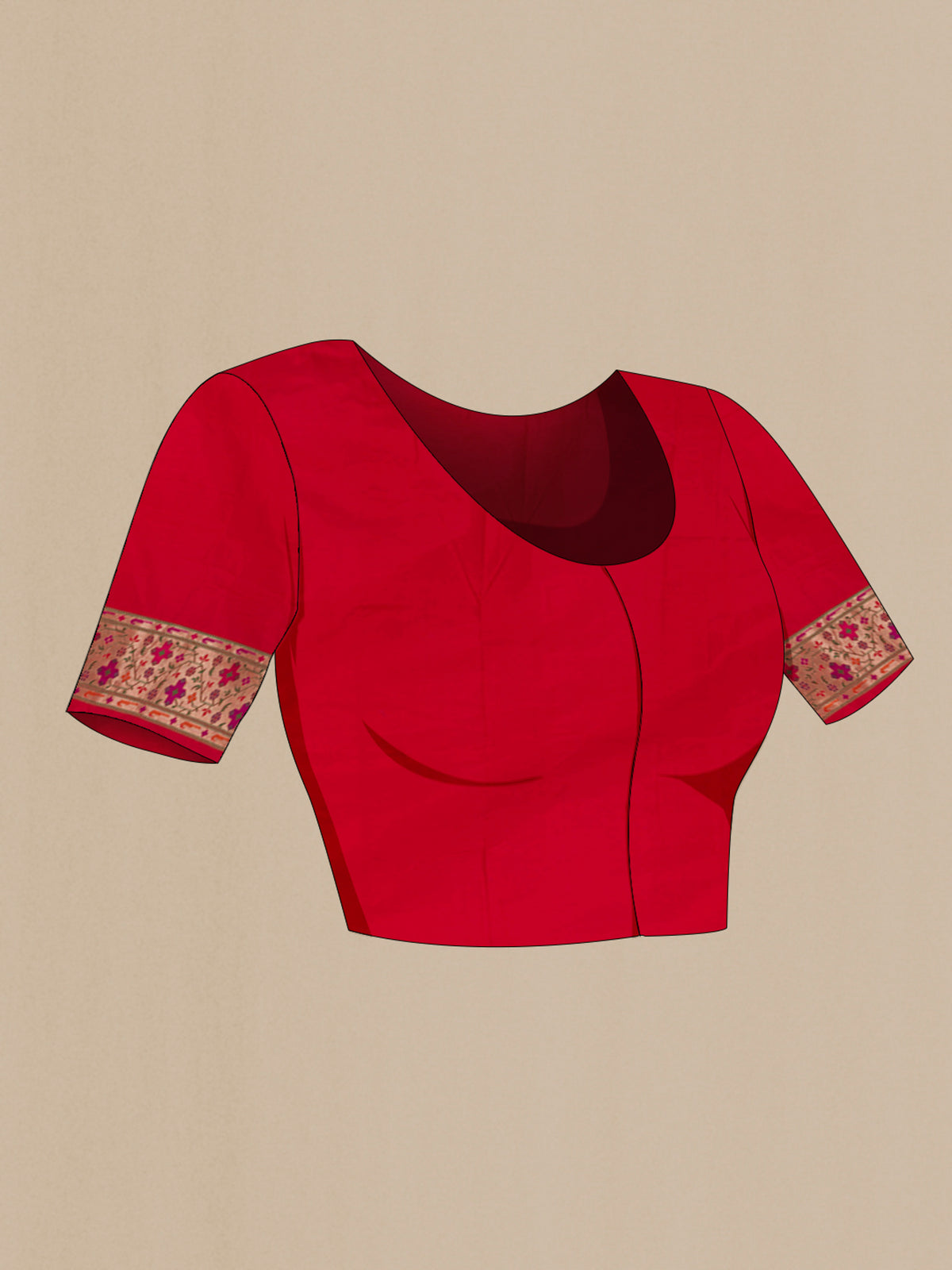 Close up image of the blouse of Red Banarasi Silk Saree with Zari Butta on the body and Paithani Border. 