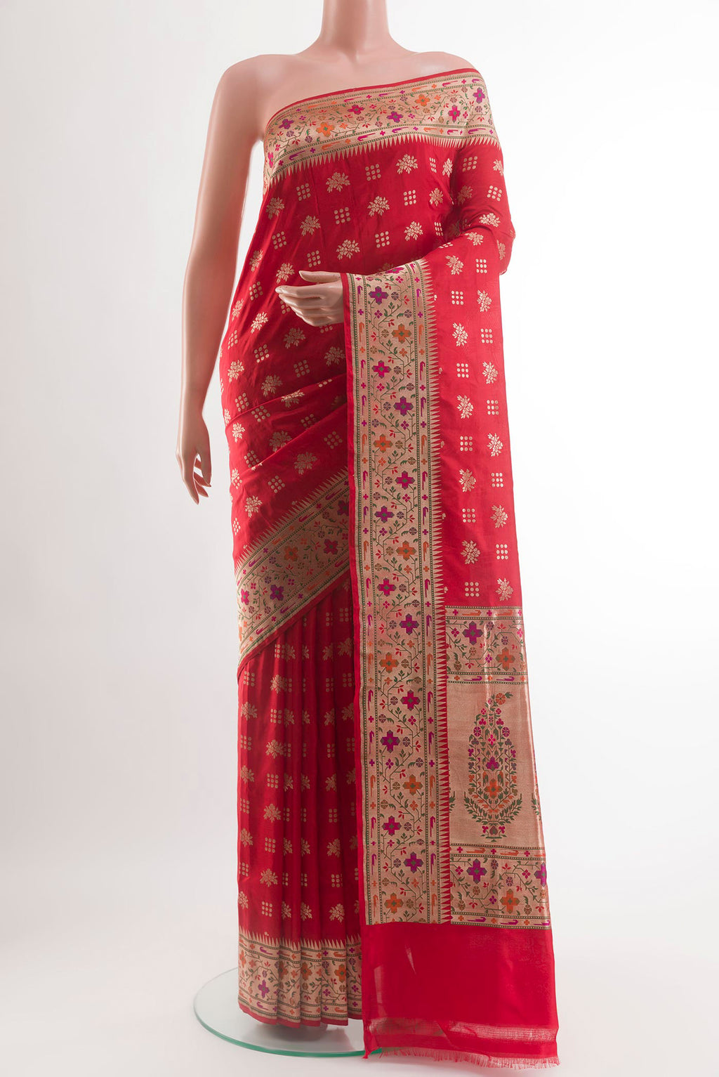 Red Banarasi Silk Saree with Zari Butta on the body and Paithani Border.  displayed on a mannequin
