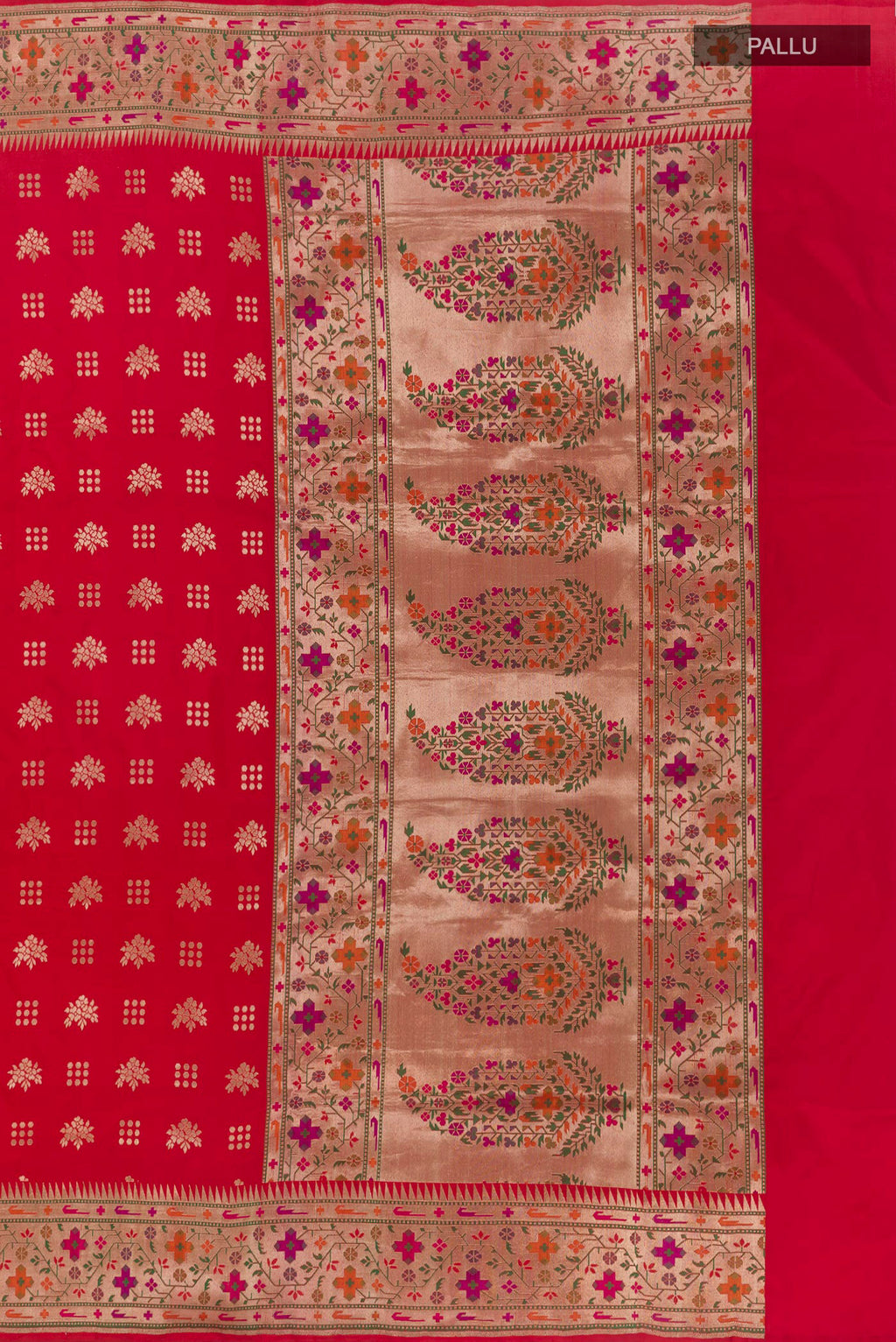 Close up image of the pallu of Red Banarasi Silk Saree with Zari Butta on the body and Paithani Border. 