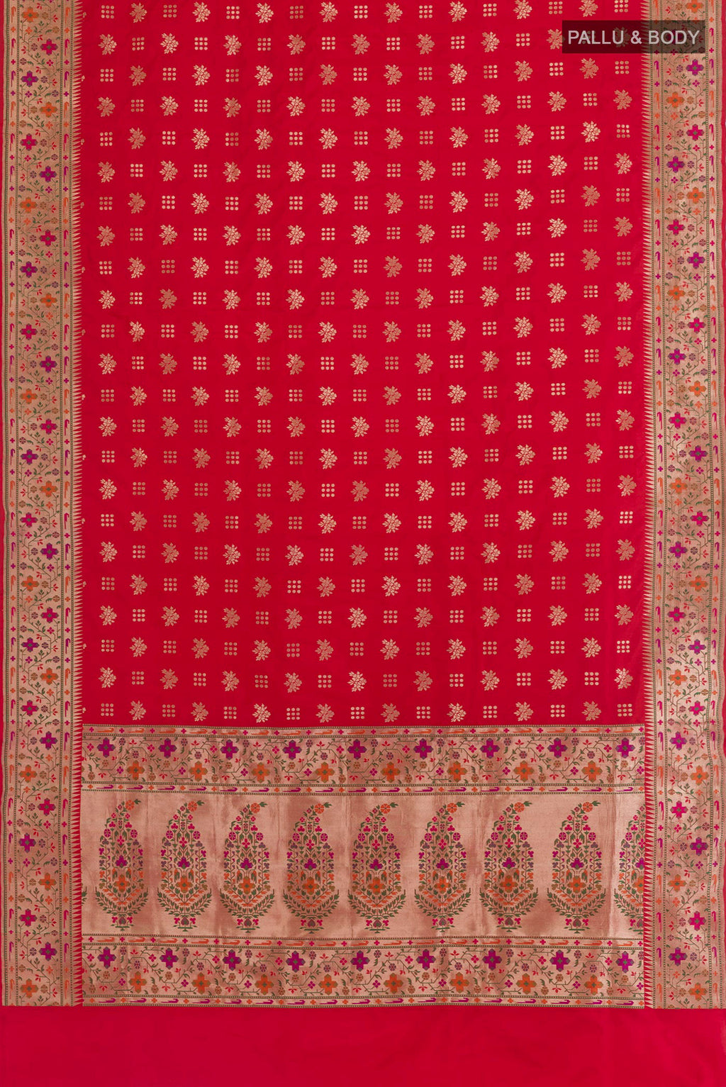 Flat view of Red Banarasi Silk Saree with Zari Butta on the body and Paithani Border. 
