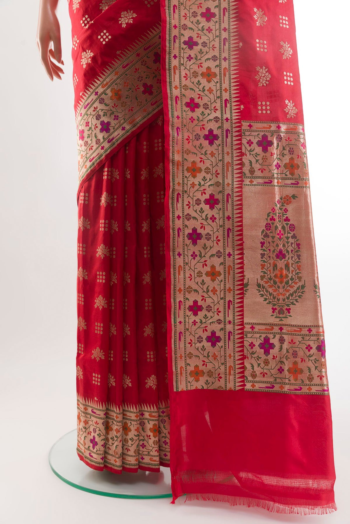 Pleats and pallu of Red Banarasi Silk Saree with Zari Butta on the body and Paithani Border. 