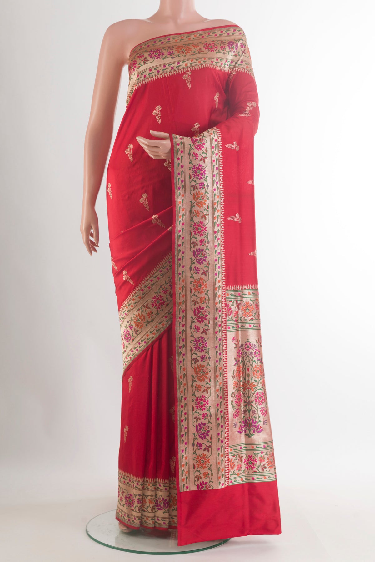 Pure Silk Red Banarasi Saree with Zari Butta on the body and Zari Border.  displayed on a mannequin