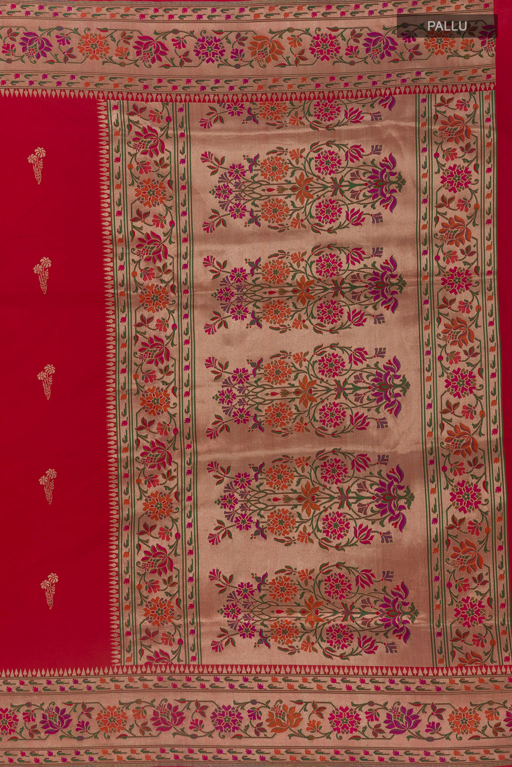 Close up image of the pallu of Pure Silk Red Banarasi Saree with Zari Butta on the body and Zari Border. 
