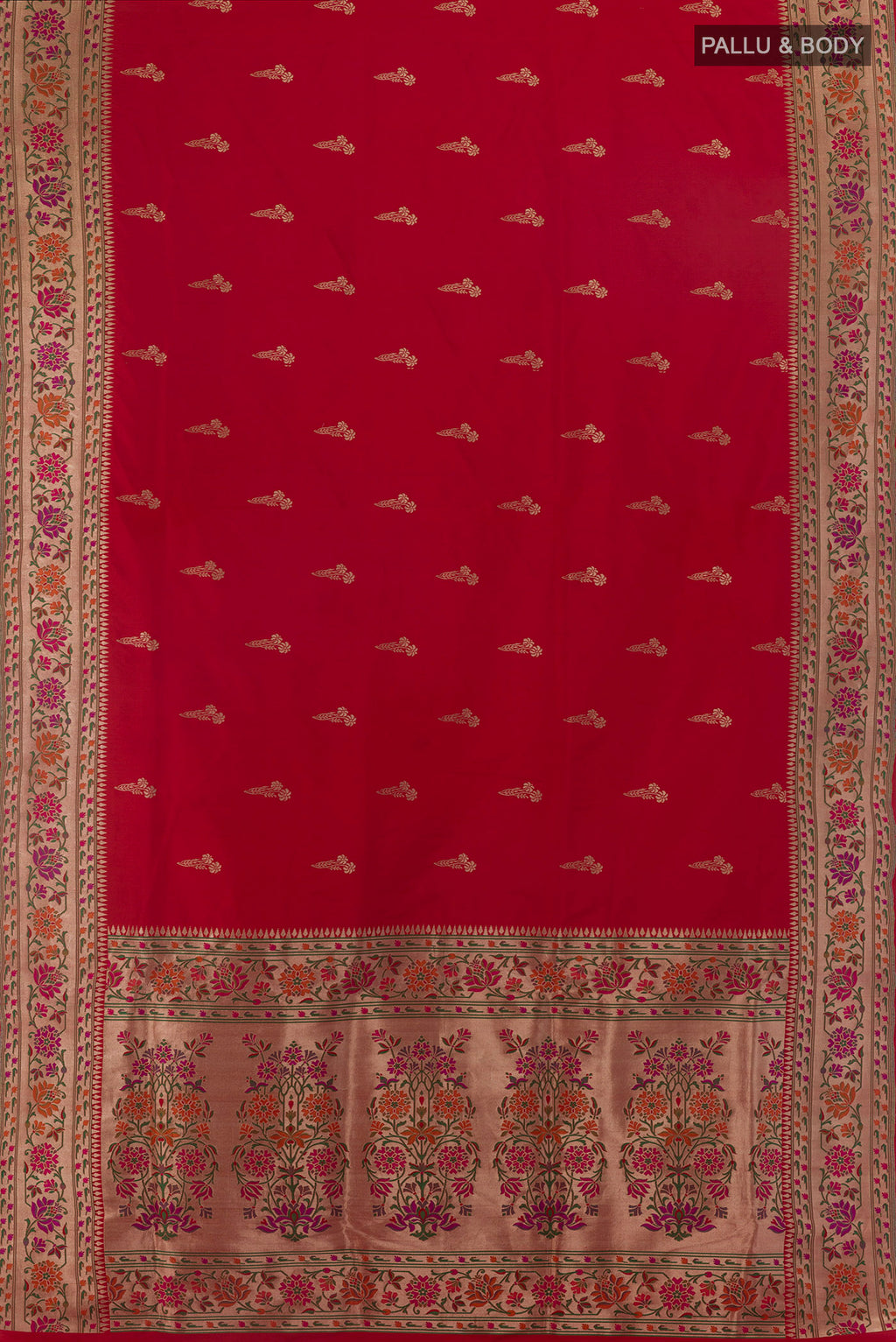 Flat view of Pure Silk Red Banarasi Saree with Zari Butta on the body and Zari Border. 