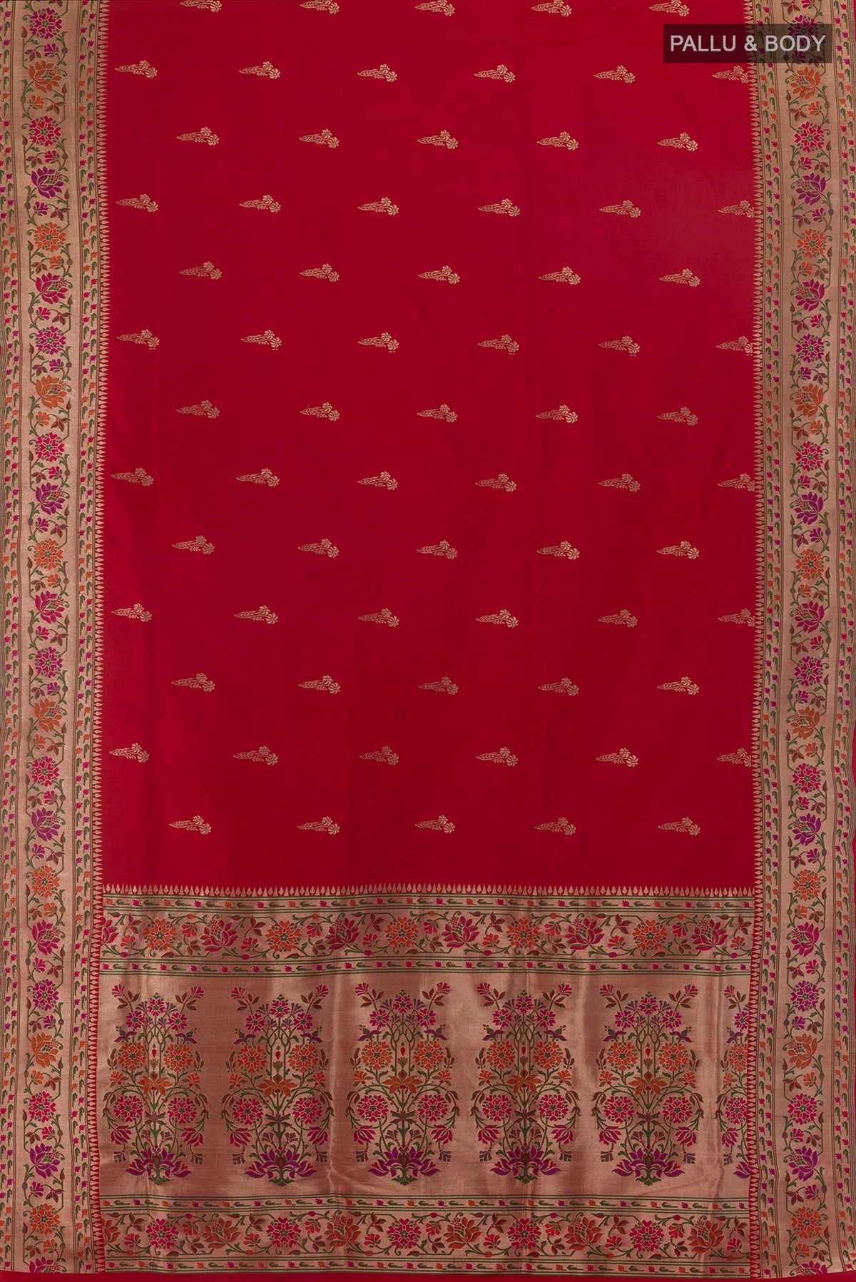 Flat view of Pure Silk Red Banarasi Saree with Zari Butta on the body and Zari Border. 