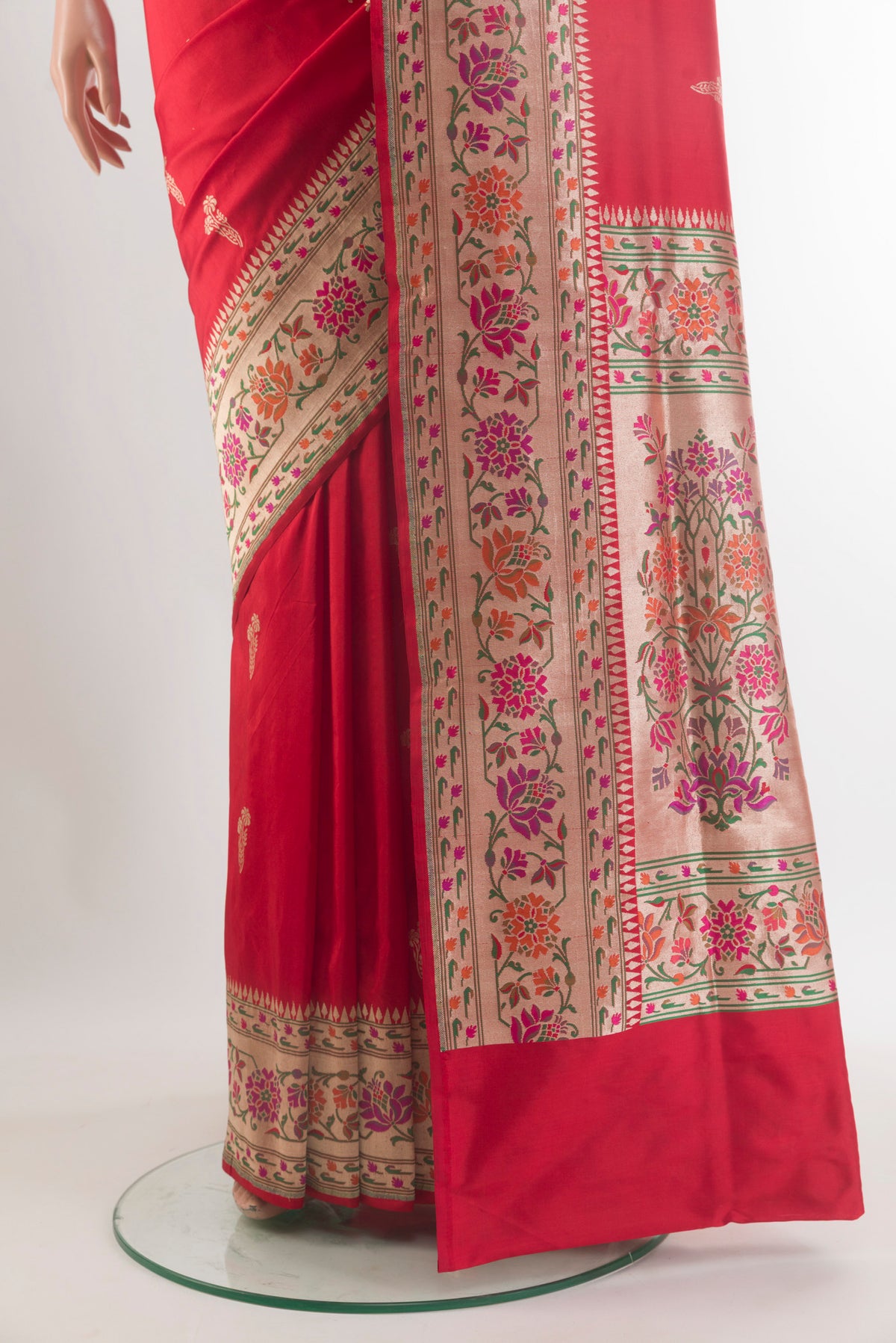 Pleats and pallu of Pure Silk Red Banarasi Saree with Zari Butta on the body and Zari Border. 