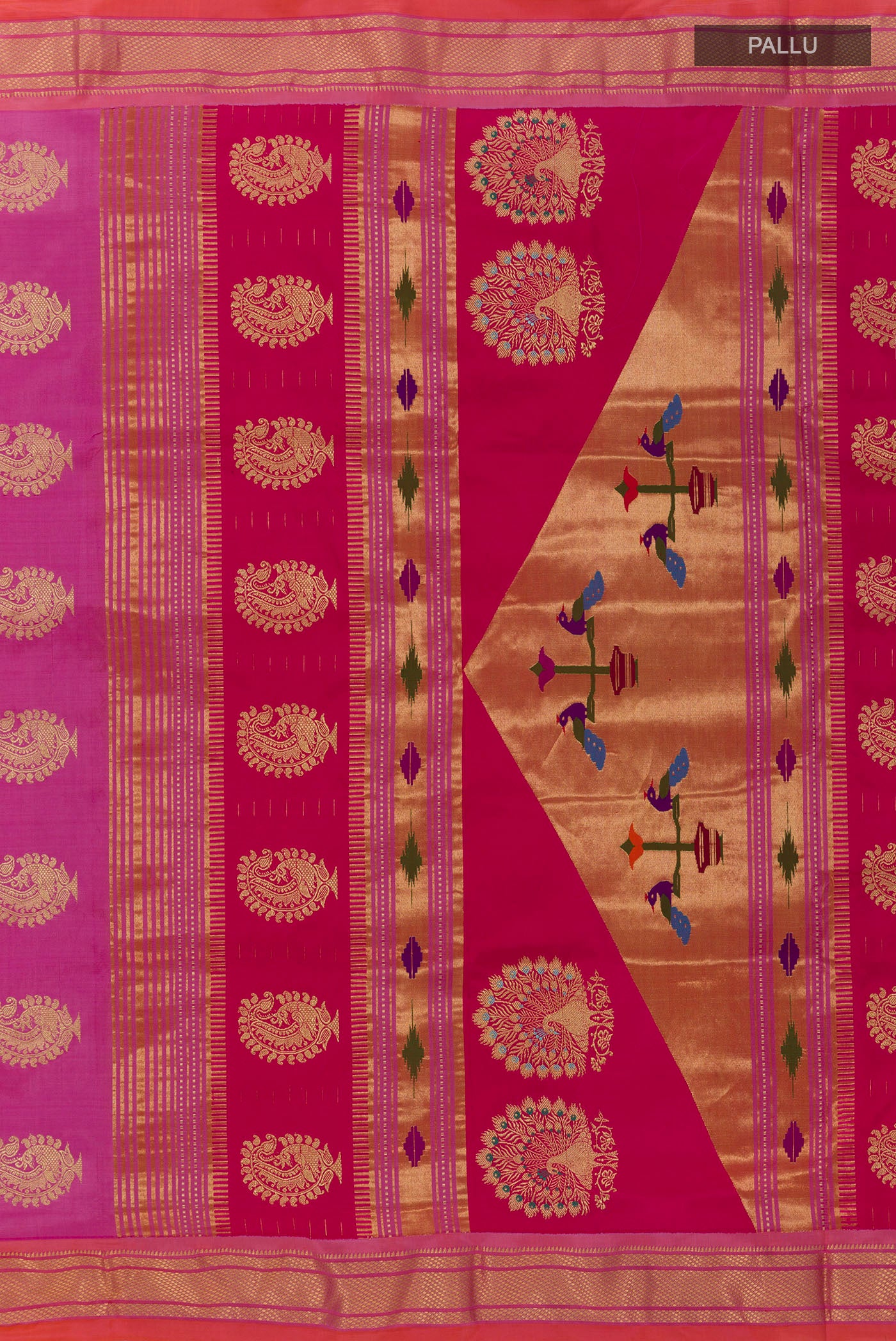 Close up image of the pallu of Lavender Paithani Silk Saree with Zari Butta on the body and Zari Border. 