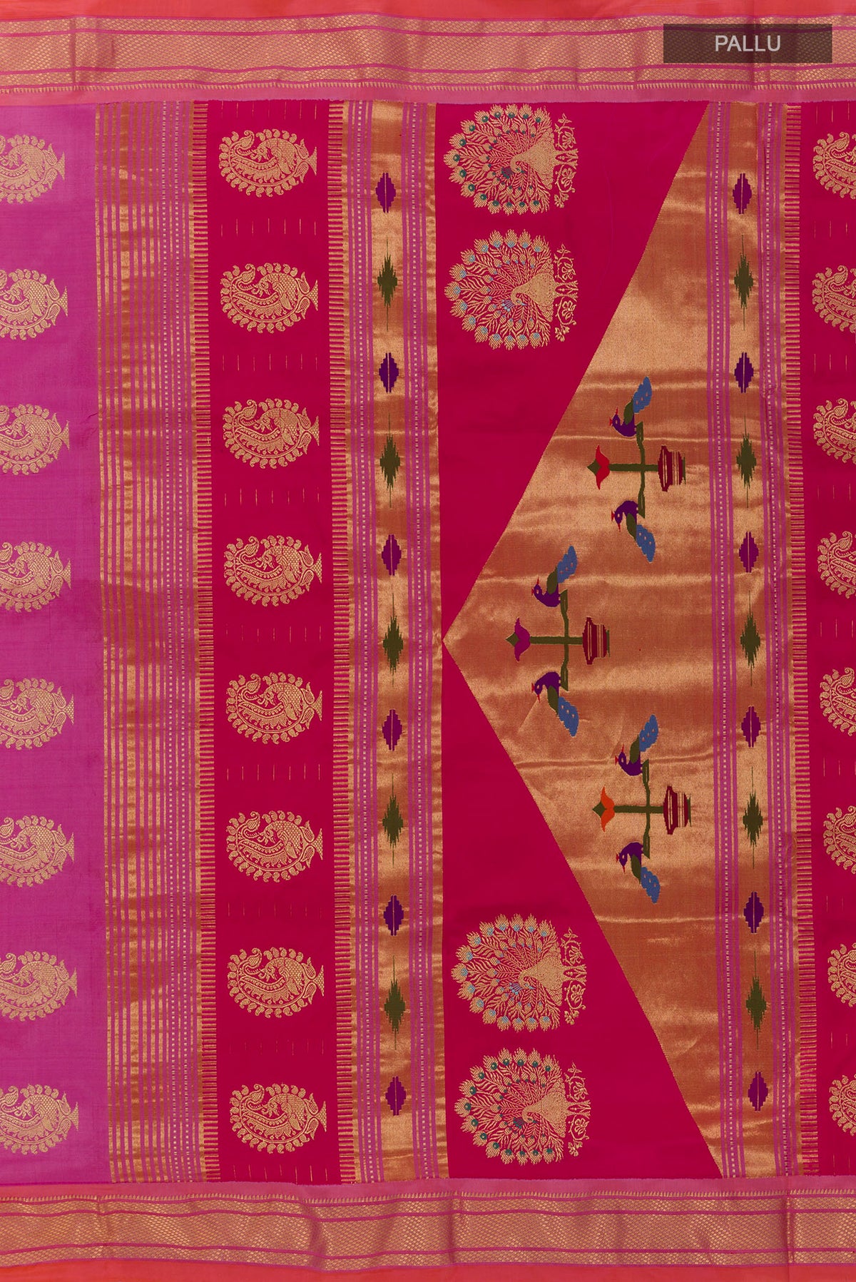 Close up image of the pallu of Lavender Paithani Silk Saree with Zari Butta on the body and Zari Border. 