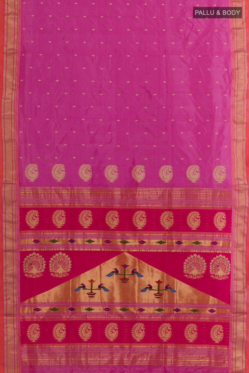 Flat view of Lavender Paithani Silk Saree with Zari Butta on the body and Zari Border. 
