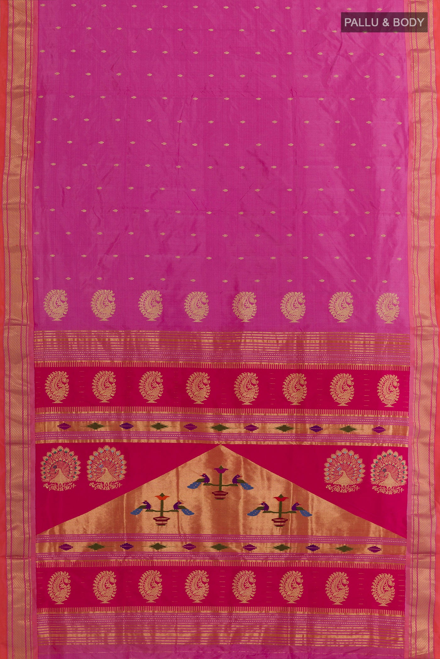 Flat view of Lavender Paithani Silk Saree with Zari Butta on the body and Zari Border. 