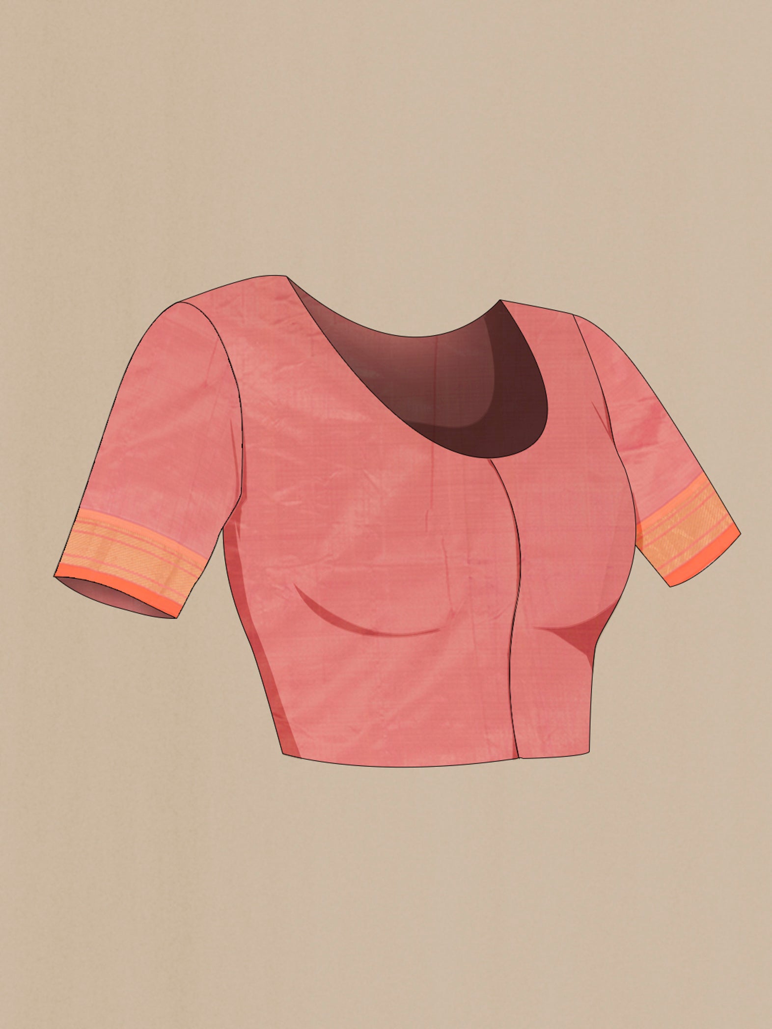 Close up image of the blouse of Rose Gold Paithani Silk Saree with Zari Butta on the body and Zari Border. 