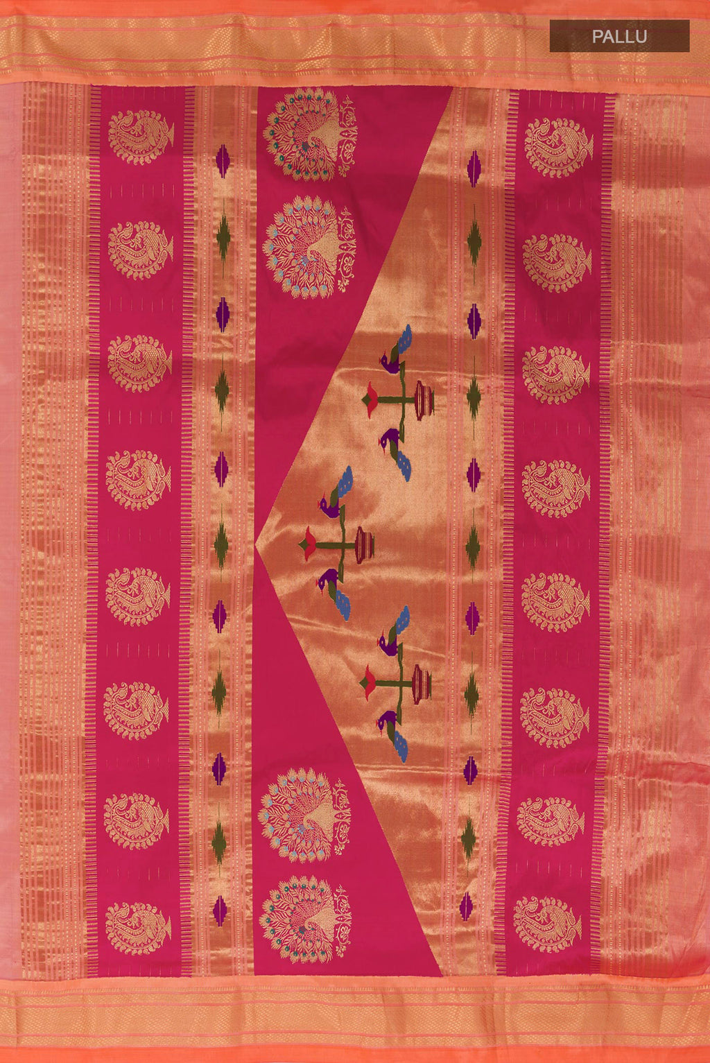 Close up image of the pallu of Rose Gold Paithani Silk Saree with Zari Butta on the body and Zari Border. 