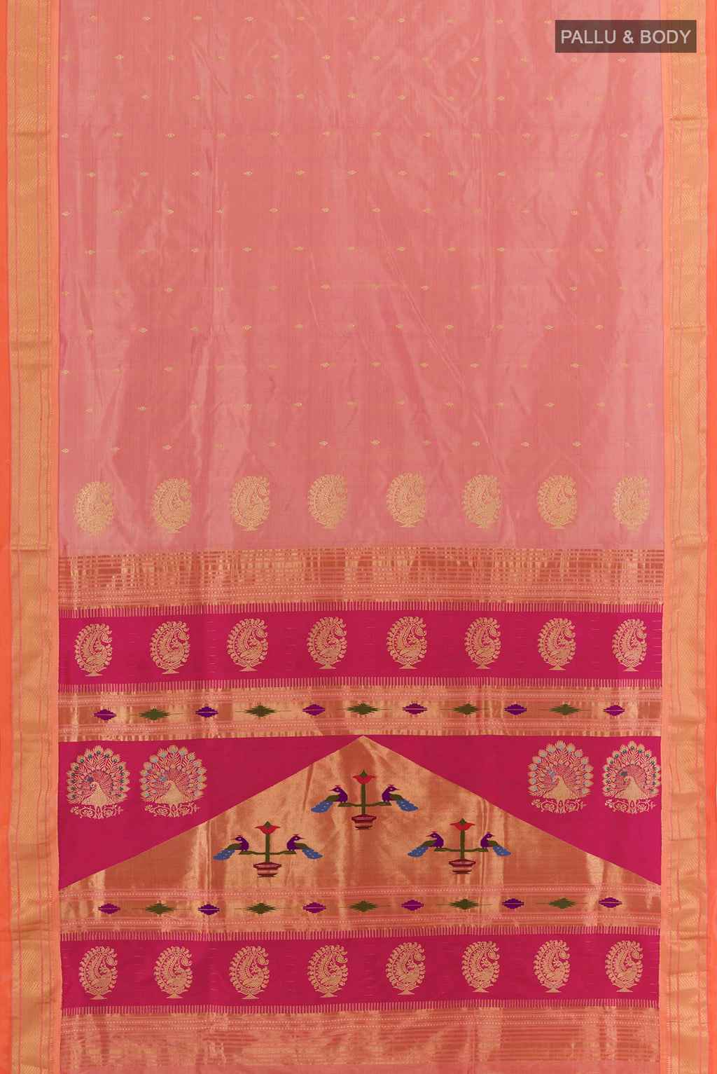 Flat view of Rose Gold Paithani Silk Saree with Zari Butta on the body and Zari Border. 