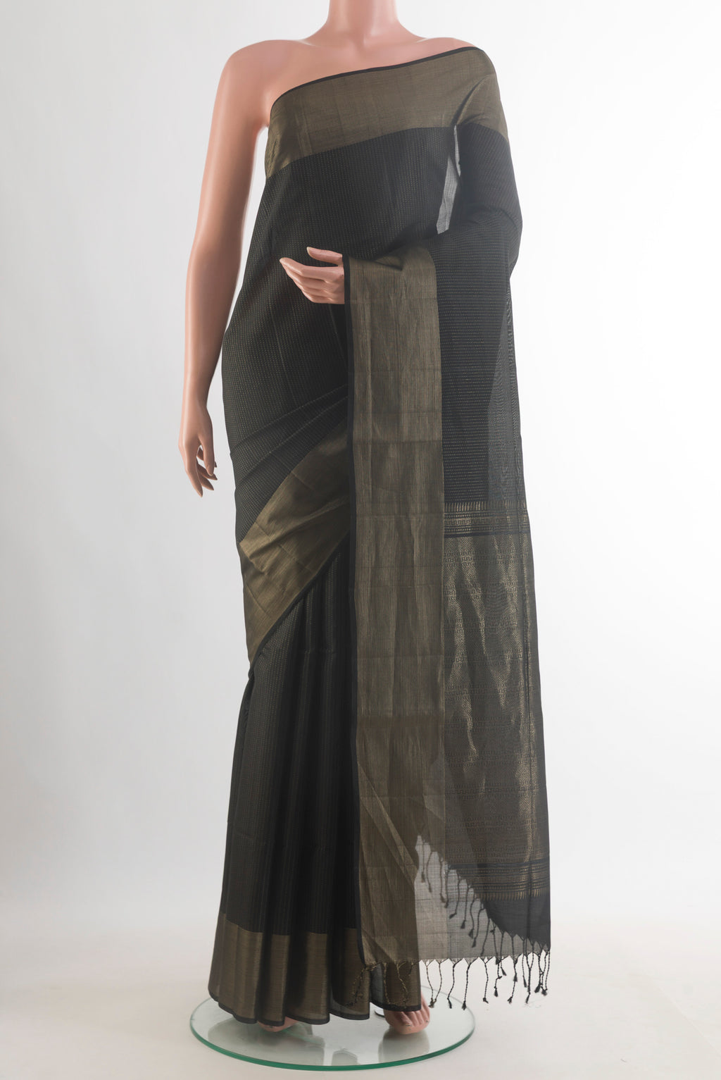 Pure Silk Black Soft Saree with Stripes on the body and Zari Border.  displayed on a mannequin