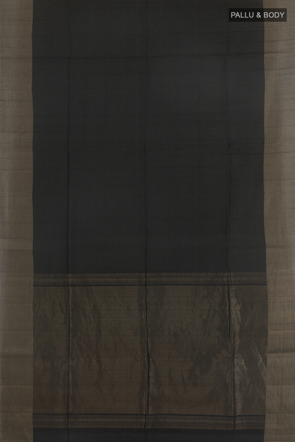 Flat view of Pure Silk Black Soft Saree with Stripes on the body and Zari Border. 
