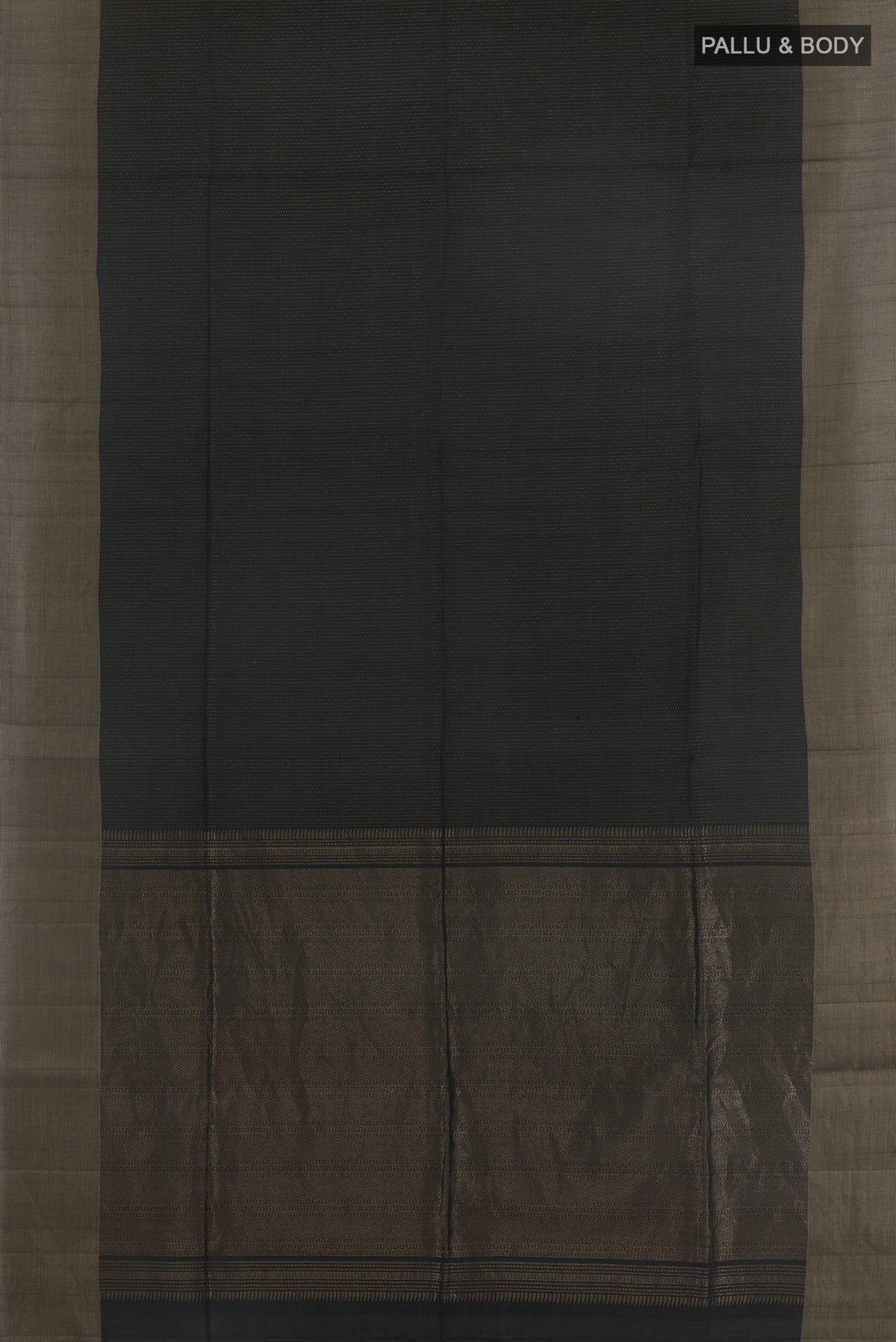 Flat view of Pure Silk Black Soft Saree with Stripes on the body and Zari Border. 