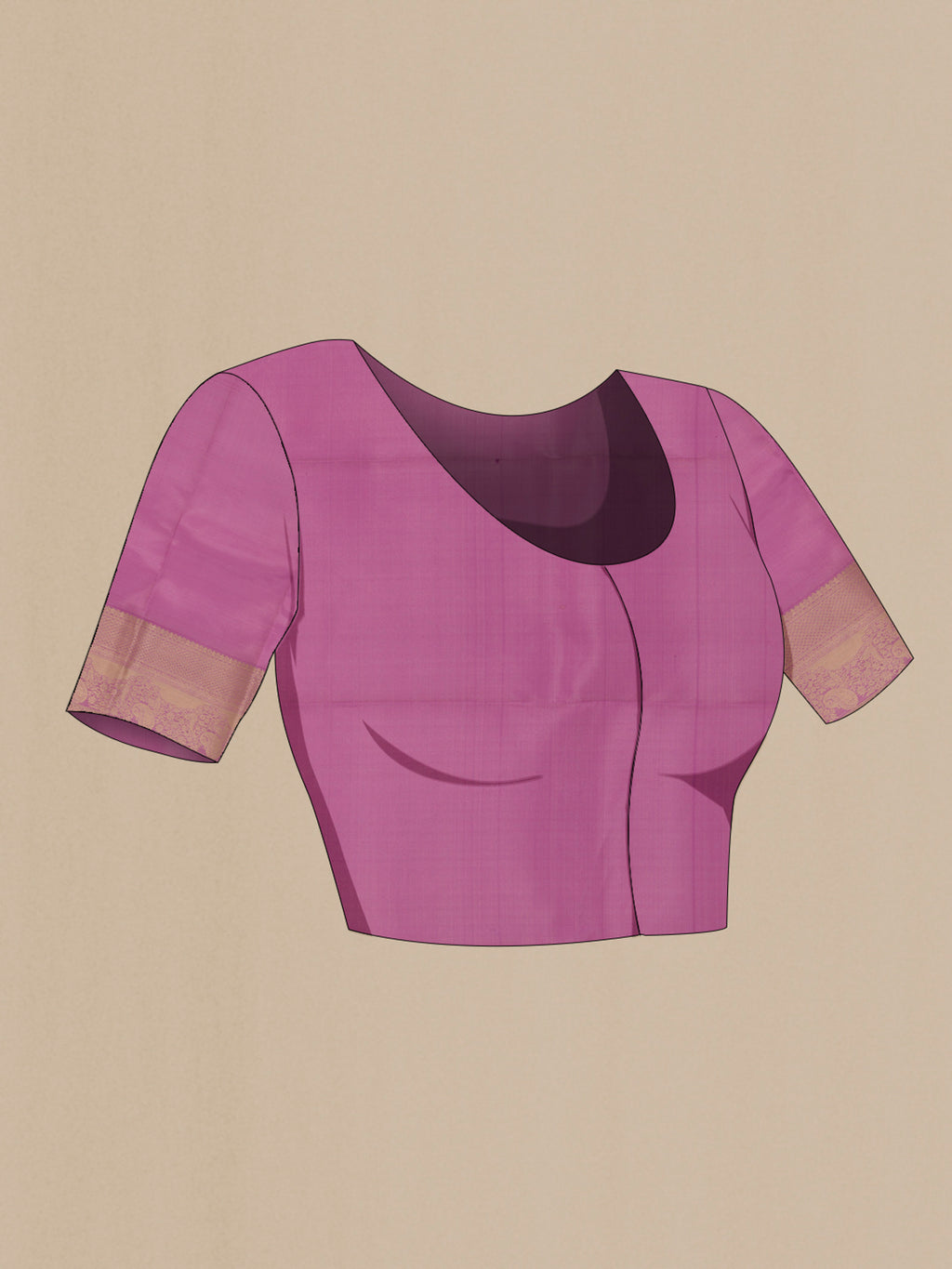 Close up image of the blouse of Pure Silk Lavender Kanjivaram Silk Saree with Zari Brocade on the body and Zari Border. 