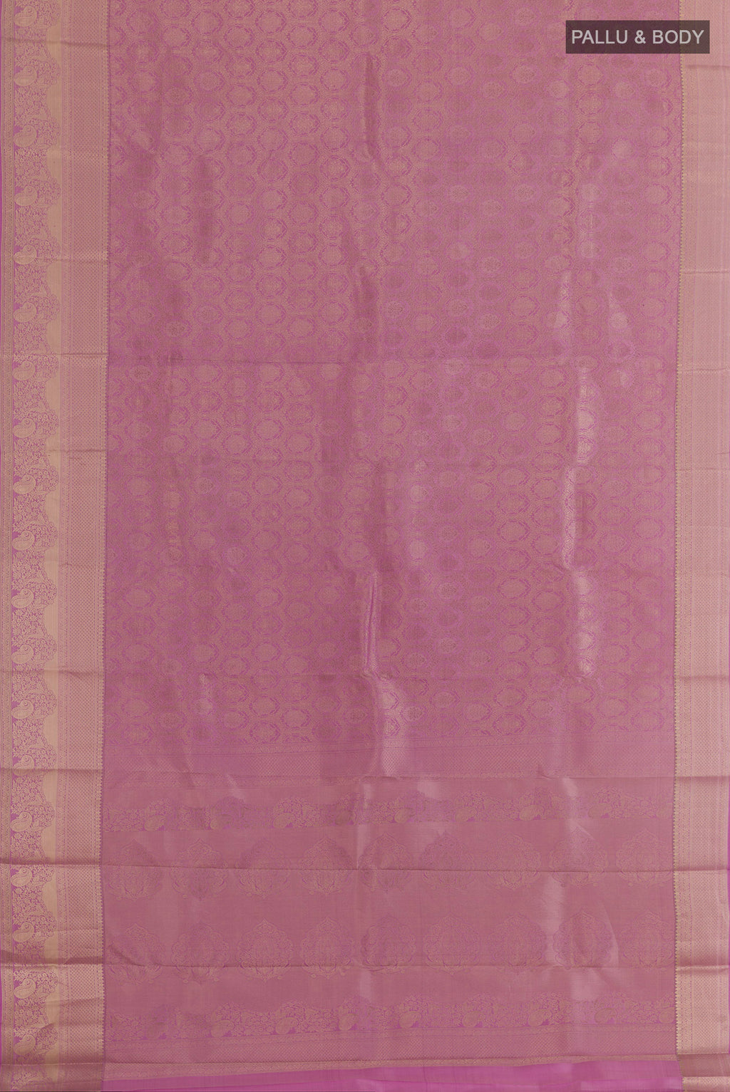 Flat view of Pure Silk Lavender Kanjivaram Silk Saree with Zari Brocade on the body and Zari Border. 