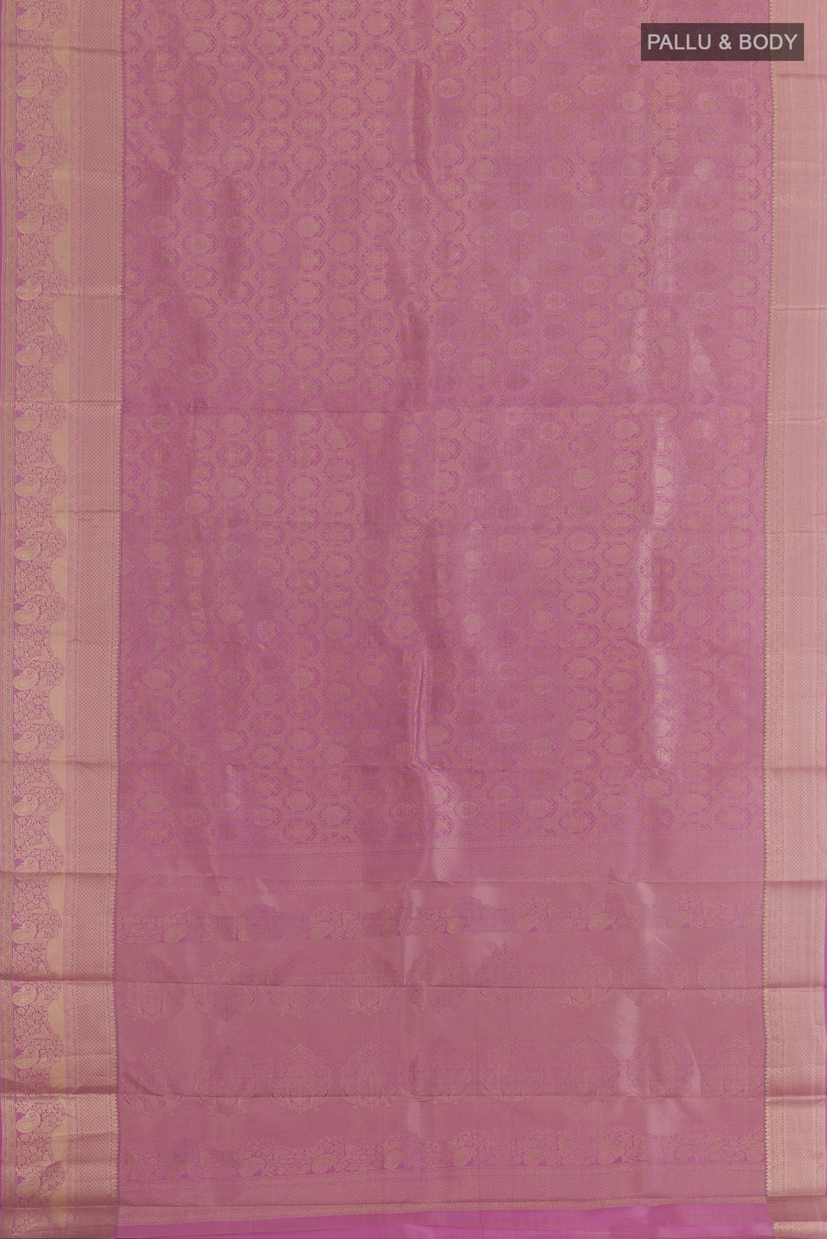 Flat view of Pure Silk Lavender Kanjivaram Silk Saree with Zari Brocade on the body and Zari Border. 