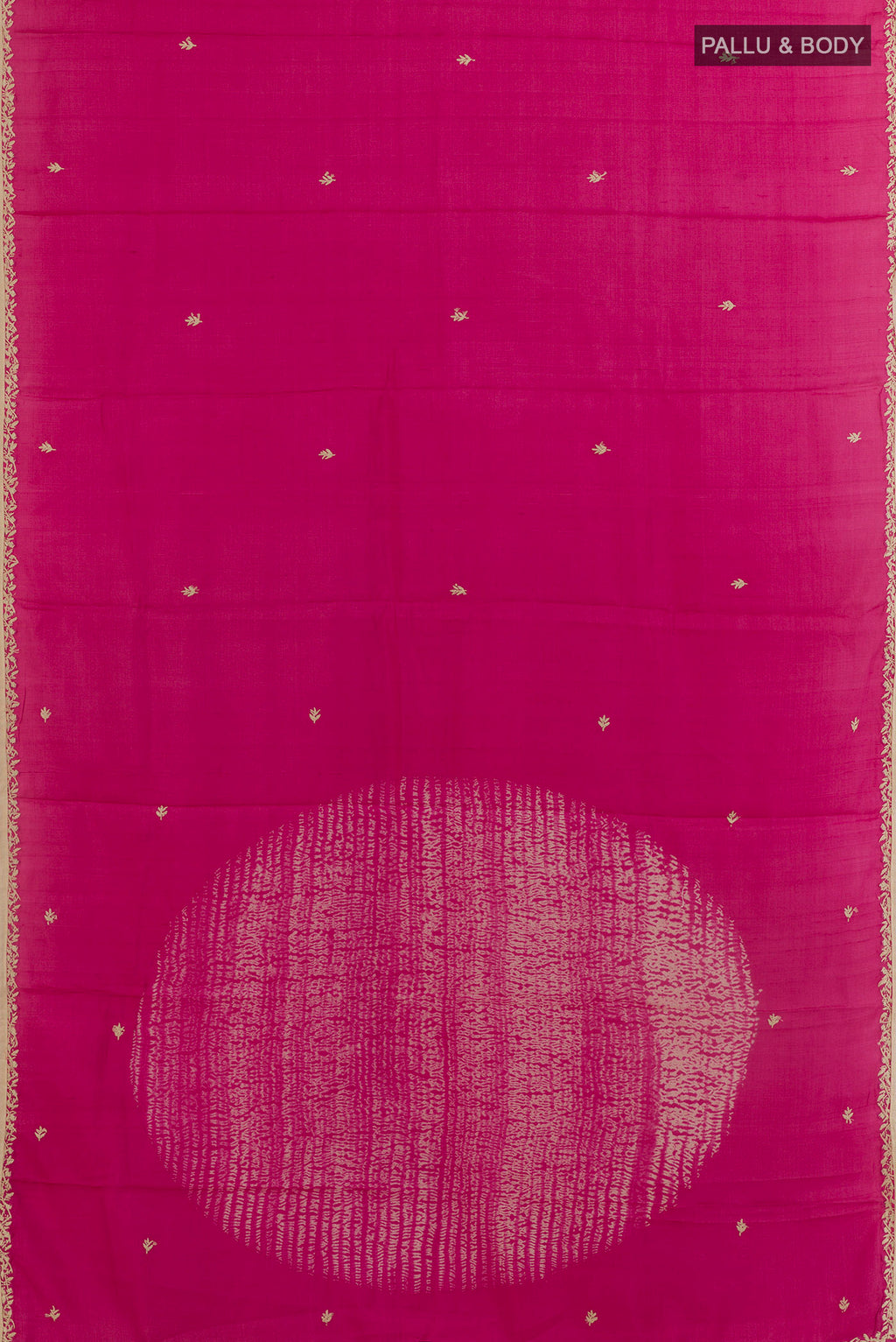 Flat view of Pink Tussar Saree with Embroidery on the body and Embroidery Border. 