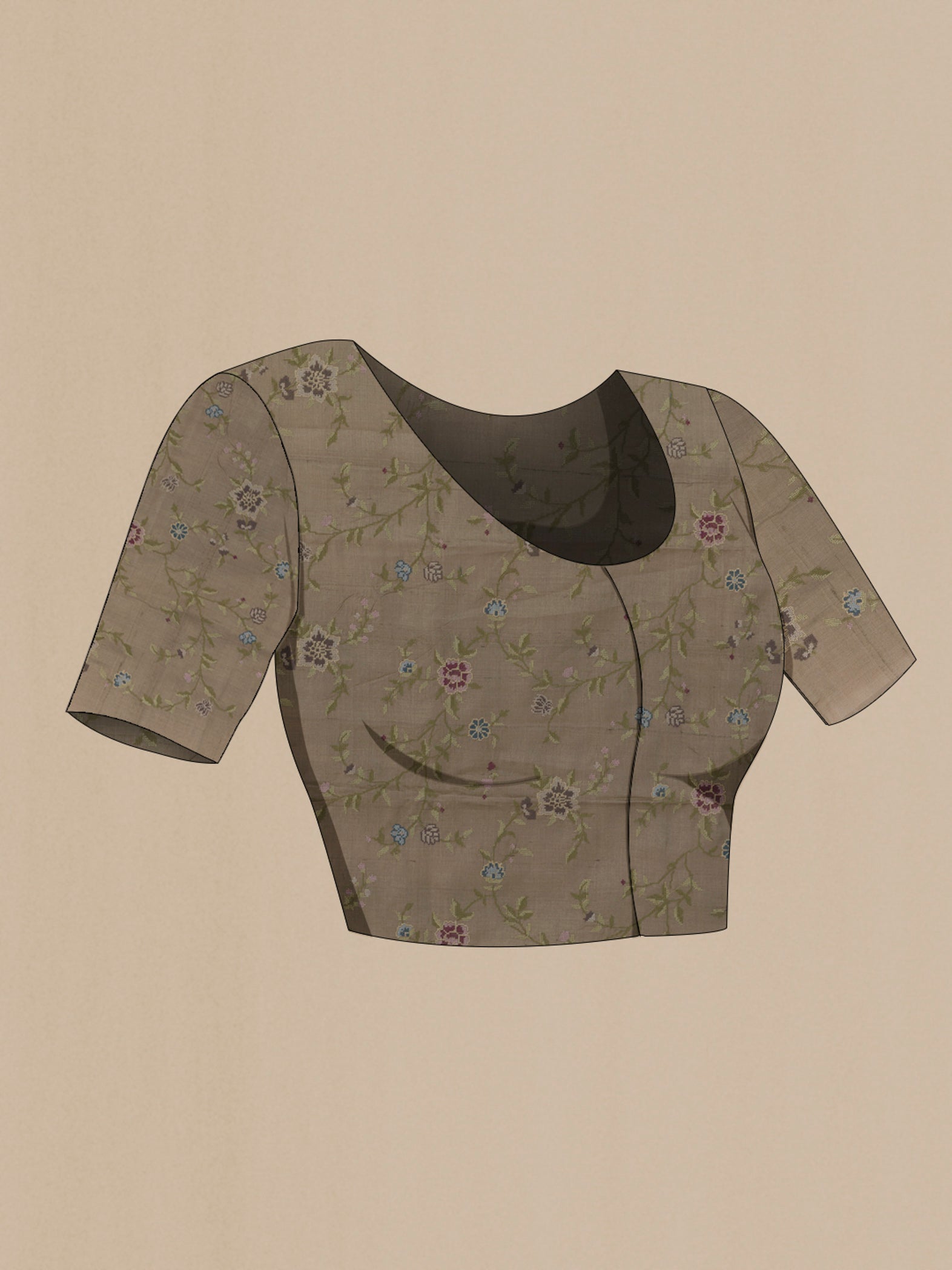 Close up image of the blouse of Grey Tussar Silk Saree with Embroidery on the body and Embroidery Border. 