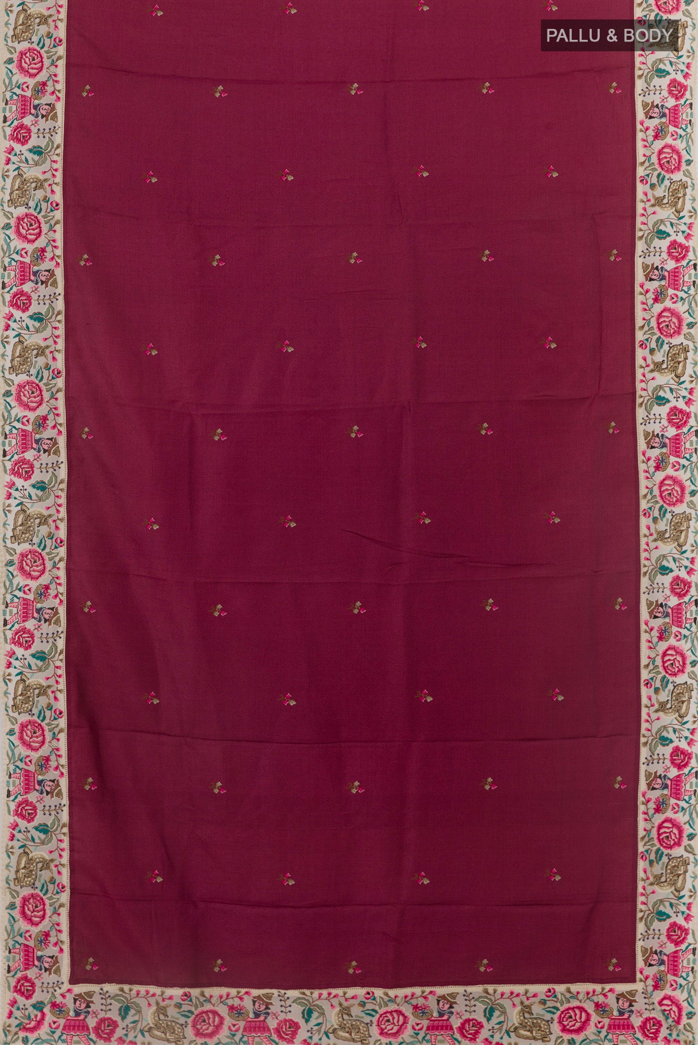 Flat view of Maroon Tussar Silk Saree with Embroidery on the body and Embroidery Border. 