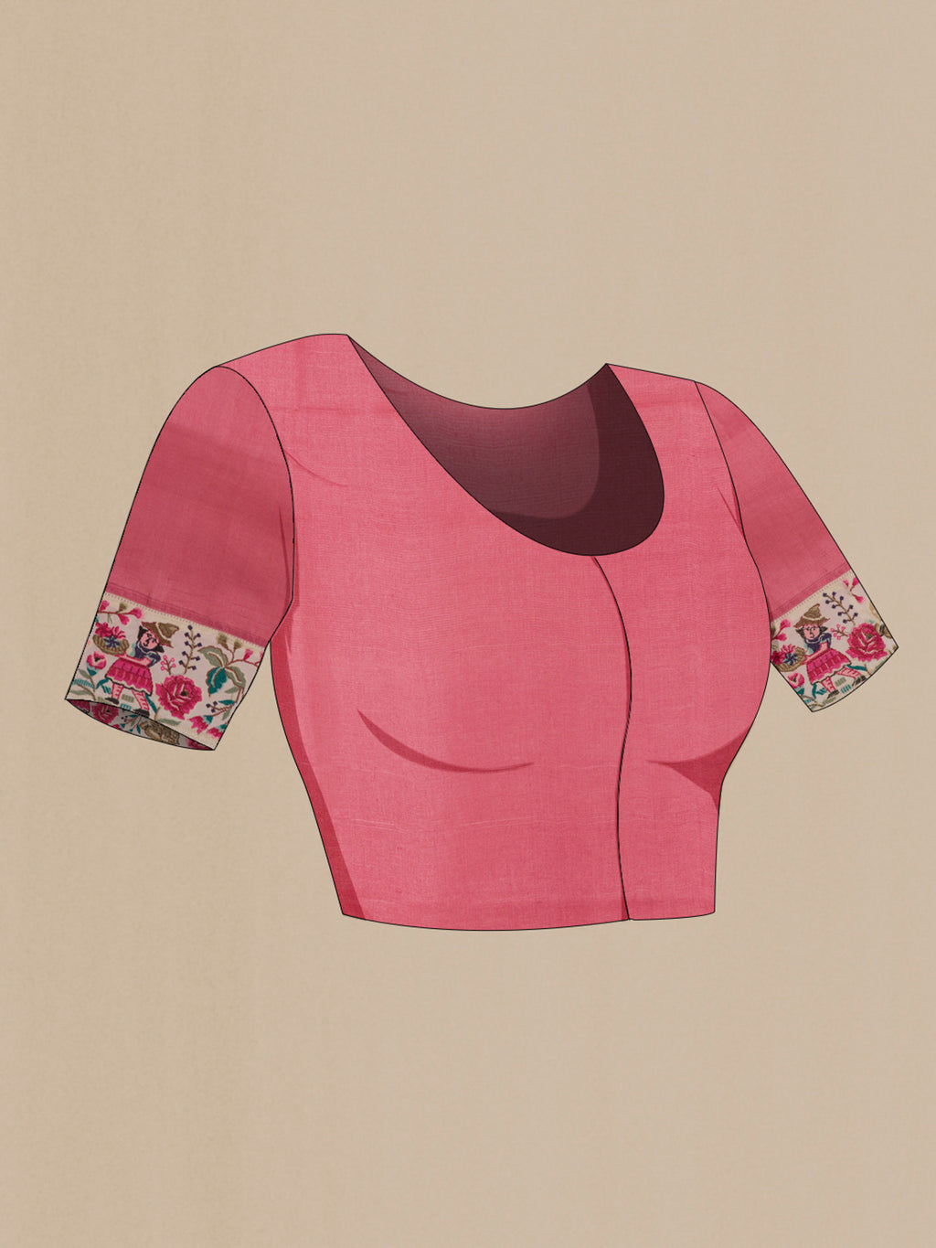 Close up image of the blouse of Pink Tussar Silk Saree with Embroidery on the body and Embroidery Border. 
