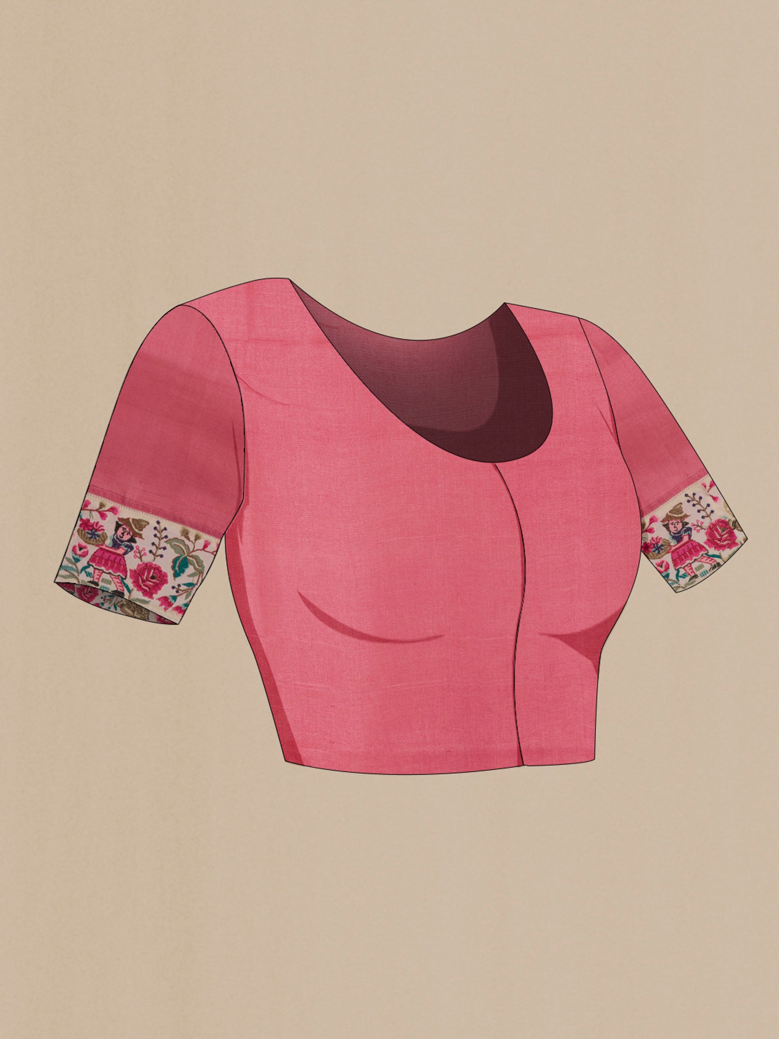 Close up image of the blouse of Pink Tussar Silk Saree with Embroidery on the body and Embroidery Border. 