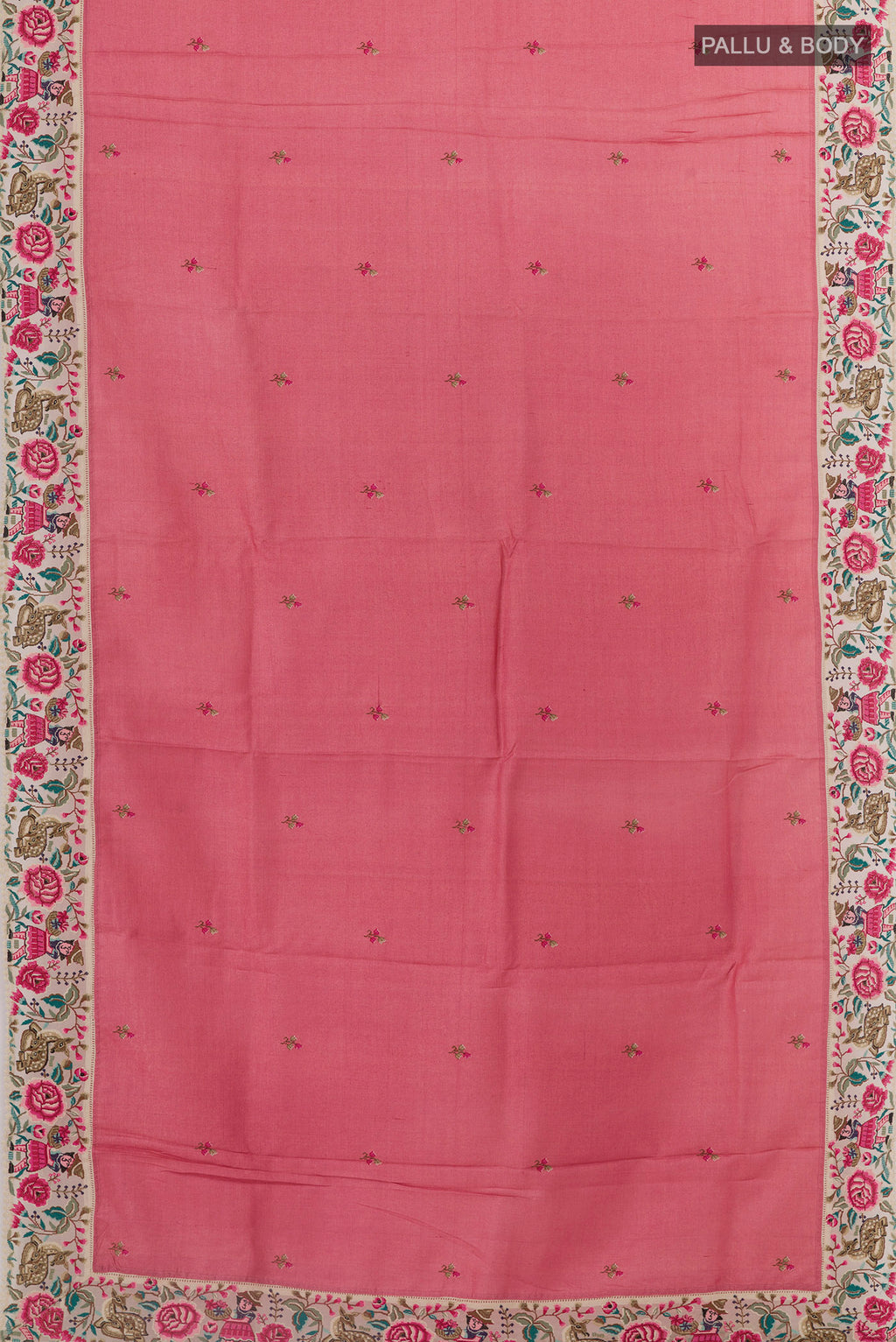 Flat view of Pink Tussar Silk Saree with Embroidery on the body and Embroidery Border. 
