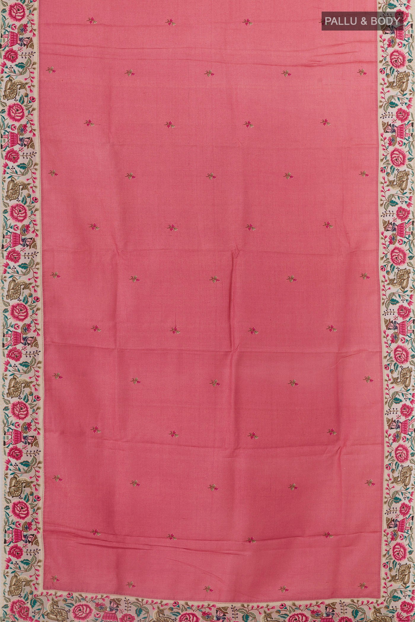 Flat view of Pink Tussar Silk Saree with Embroidery on the body and Embroidery Border. 