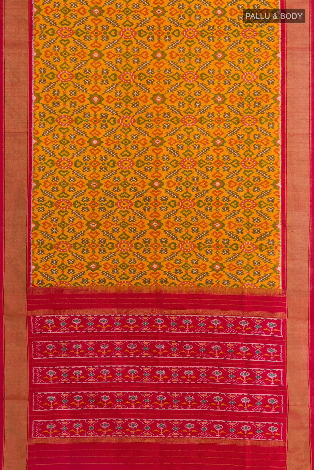 Flat view of Yellow Pochampally Silk Saree with Pure Ikat on the body and Zari Border. 
