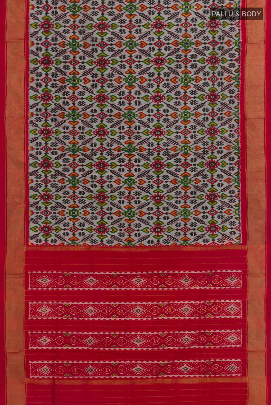 Flat view of Silver Pochampally Silk Saree with Pure Ikat on the body and Zari Border. 