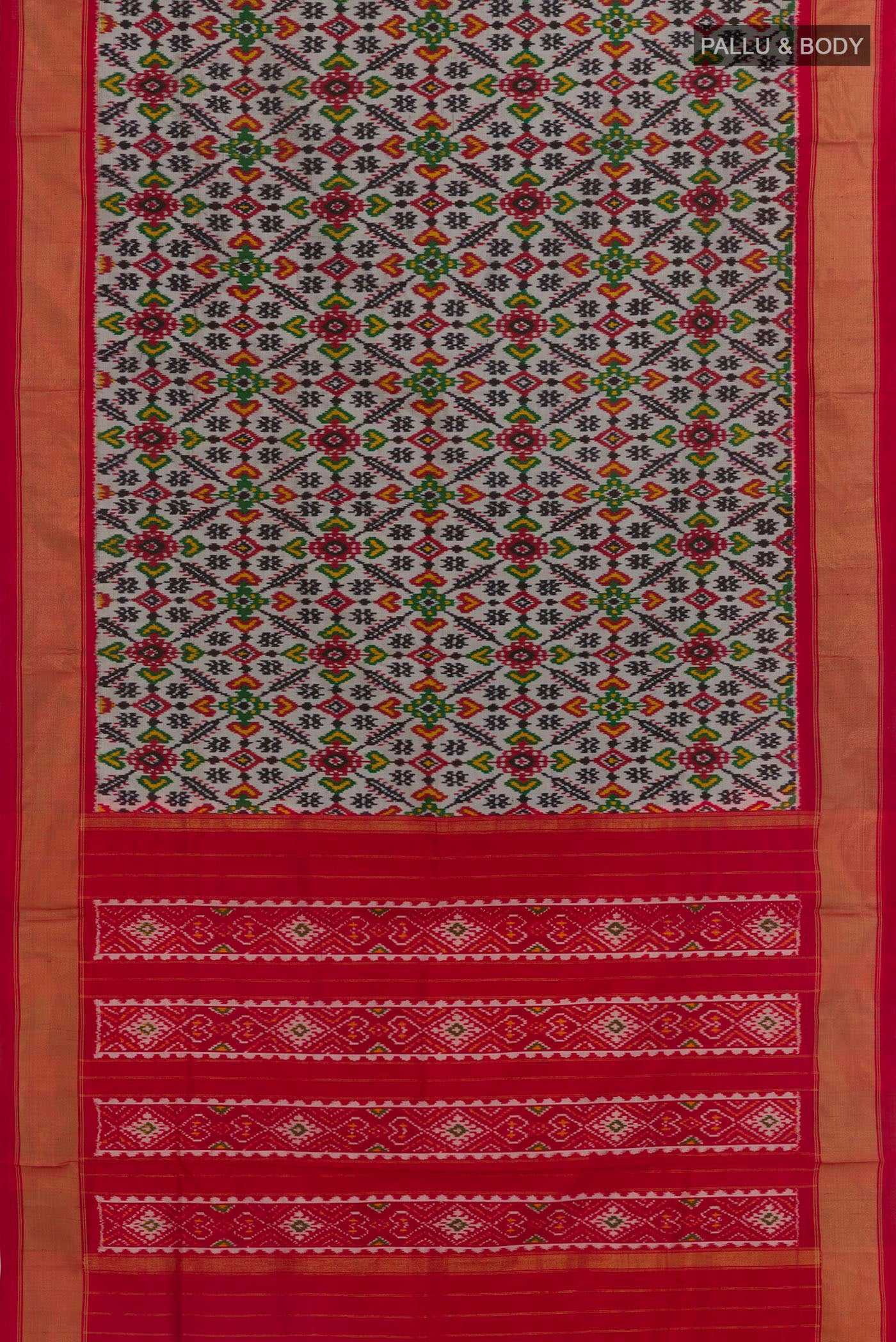 Flat view of Silver Pochampally Silk Saree with Pure Ikat on the body and Zari Border. 