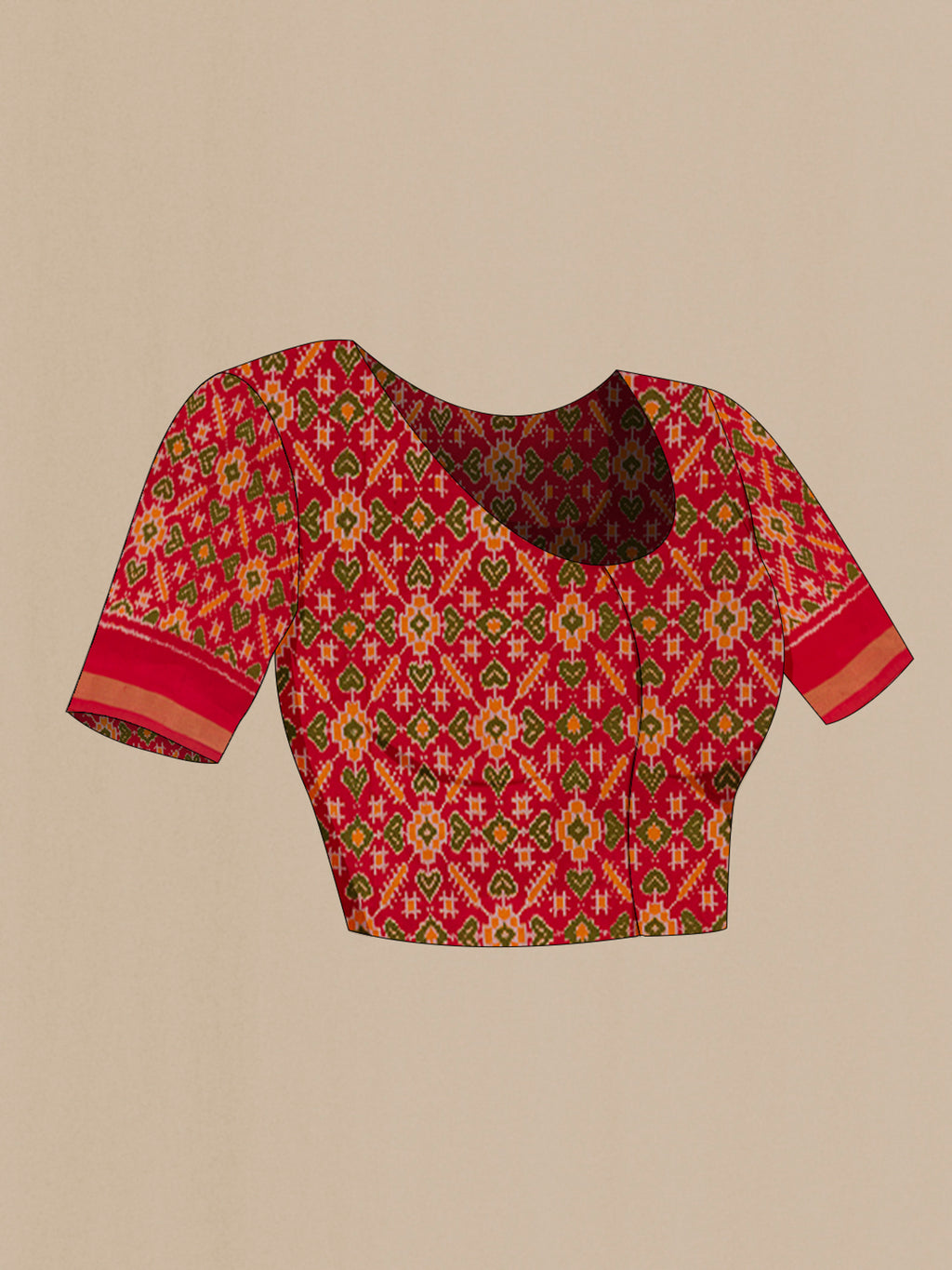 Close up image of the blouse of Red Pochampally Silk Saree with Plain Body and Ikat Border. 